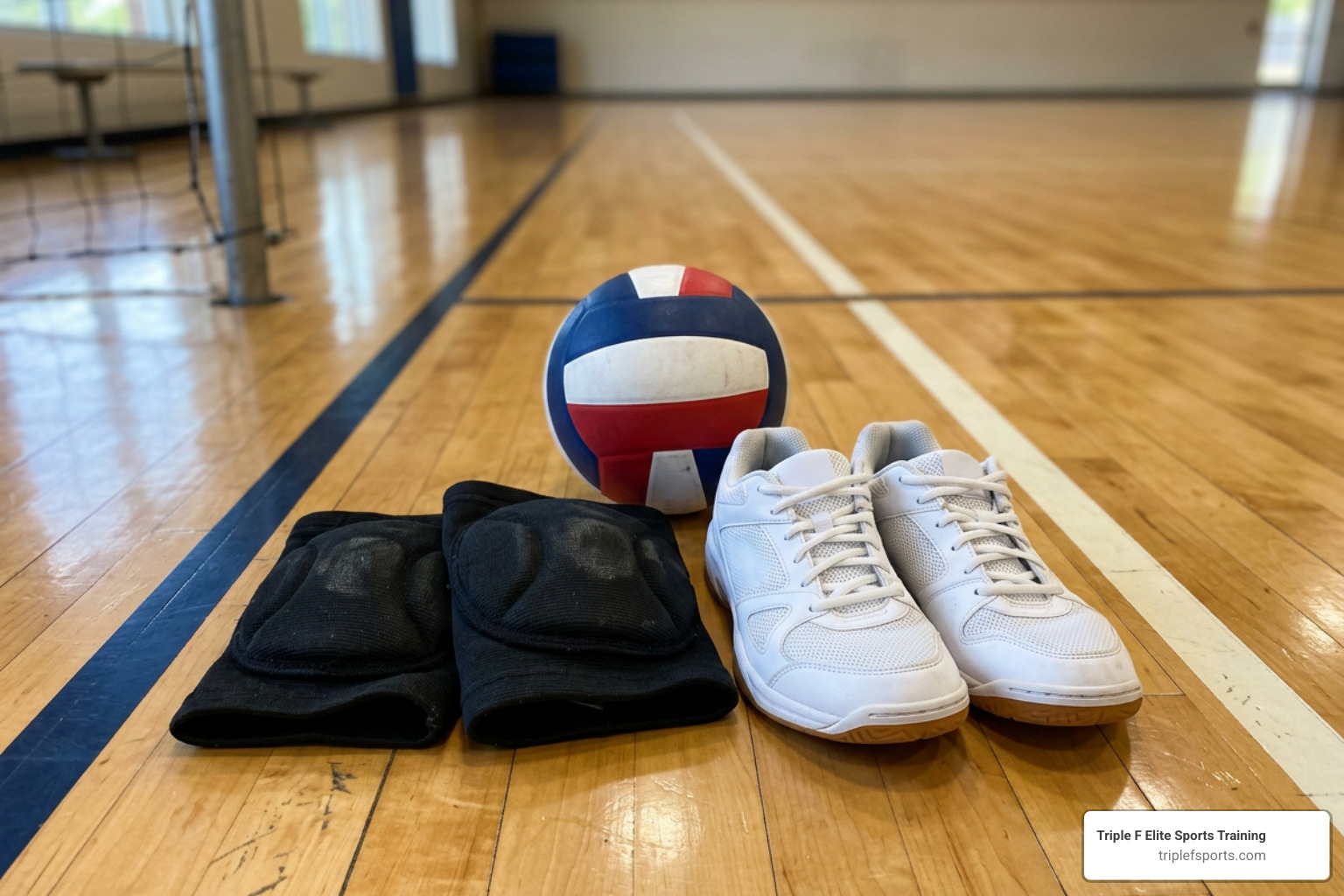 Volleyball gear including knee pads and athletic shoes ready for a private lesson Volleyball gear including knee pads and athletic shoes ready for a private lesson