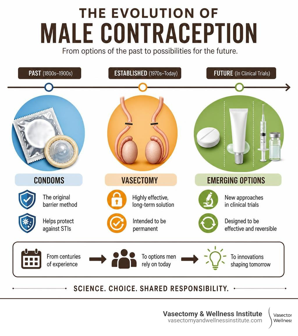 Timeline infographic of male contraceptive development from condoms to vasectomy to emerging clinical trials infographic