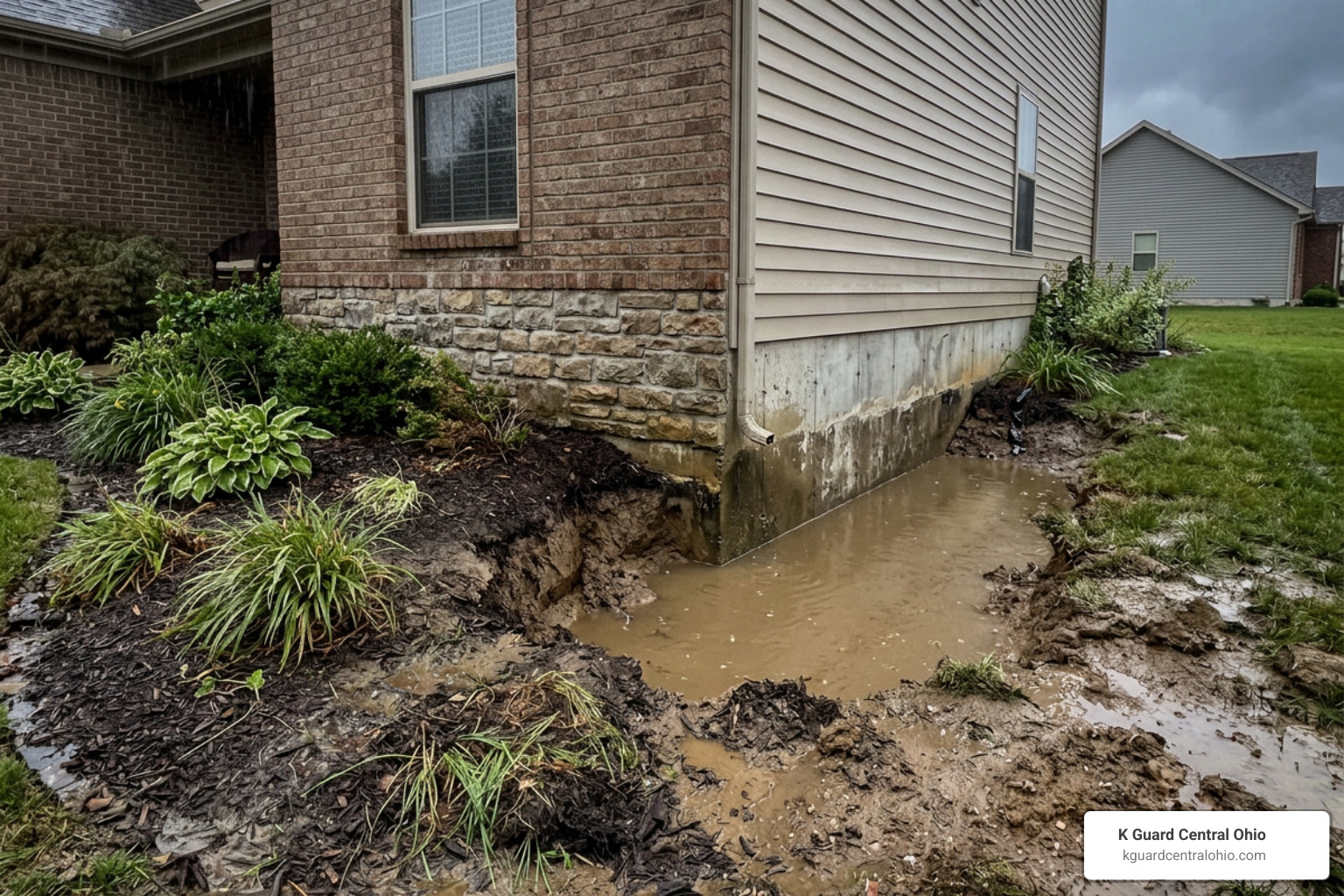 Water pooling near home foundation causing structural damage