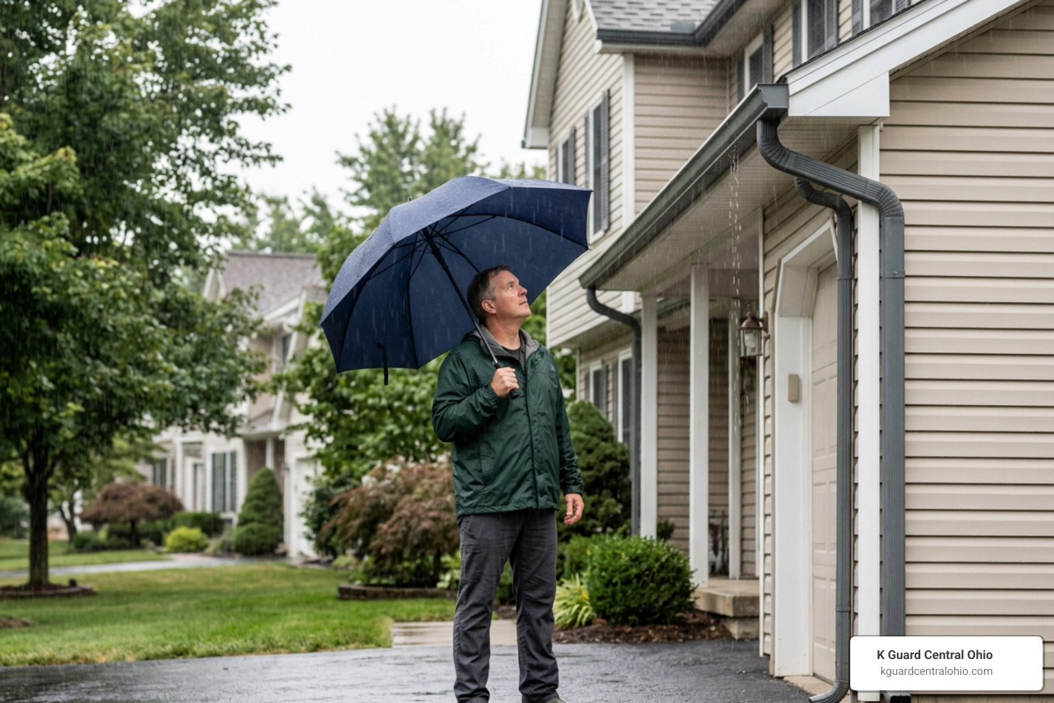 Homeowner safely inspecting gutters from ground level