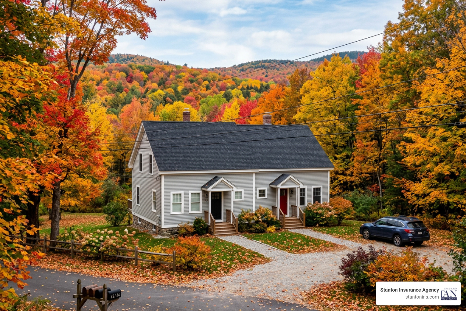 Residential duplex in New Hampshire during autumn surrounded by colorful foliage Residential duplex in New Hampshire during autumn surrounded by colorful foliage