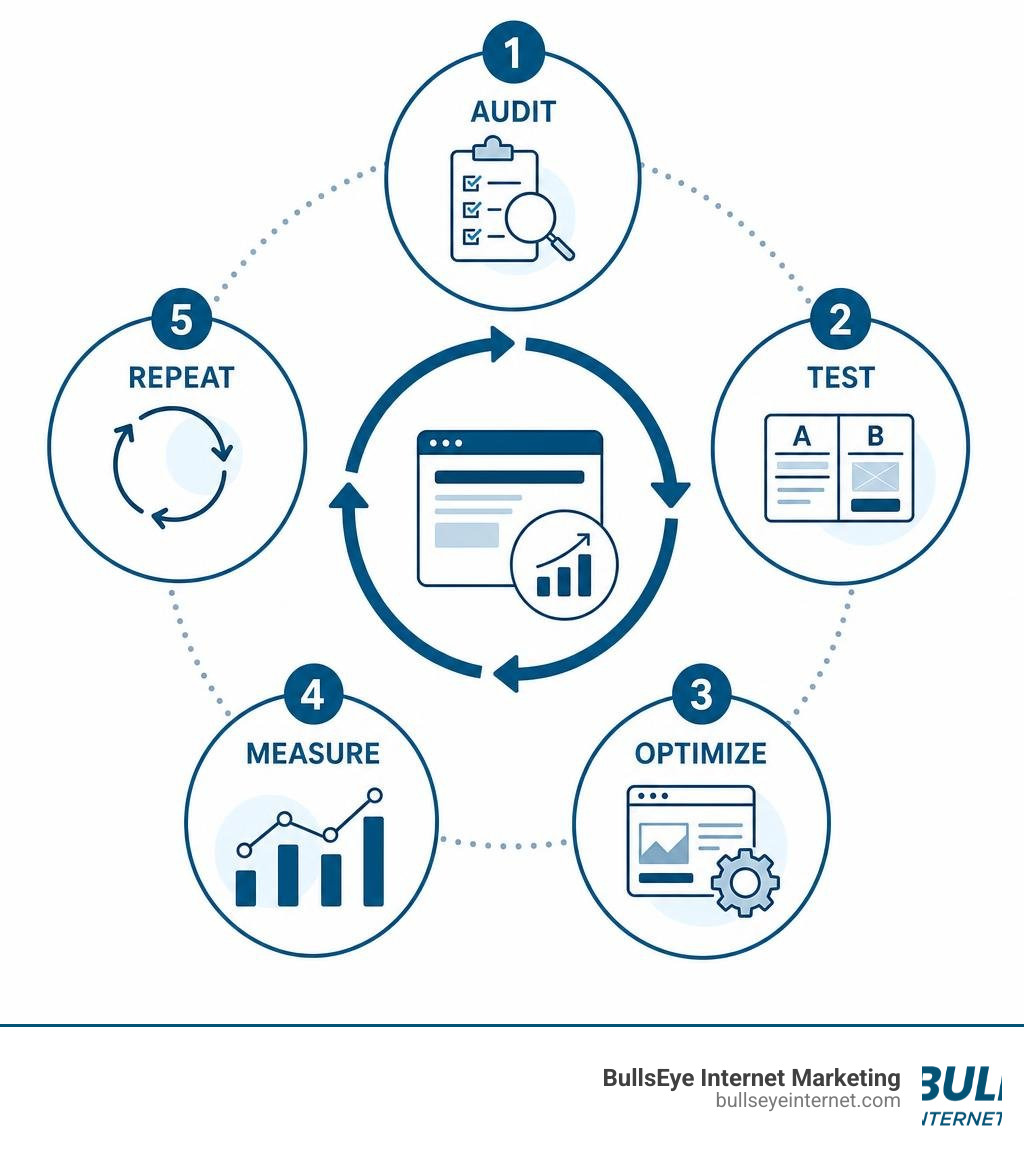 Conversion Optimization Consulting process: audit, test, optimize, measure, repeat infographic