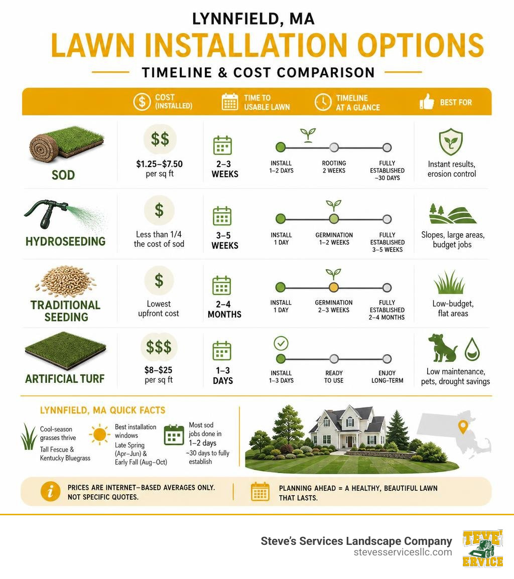 Lawn installation options timeline and cost comparison infographic for Lynnfield MA infographic Lawn installation options timeline and cost comparison infographic for Lynnfield MA infographic