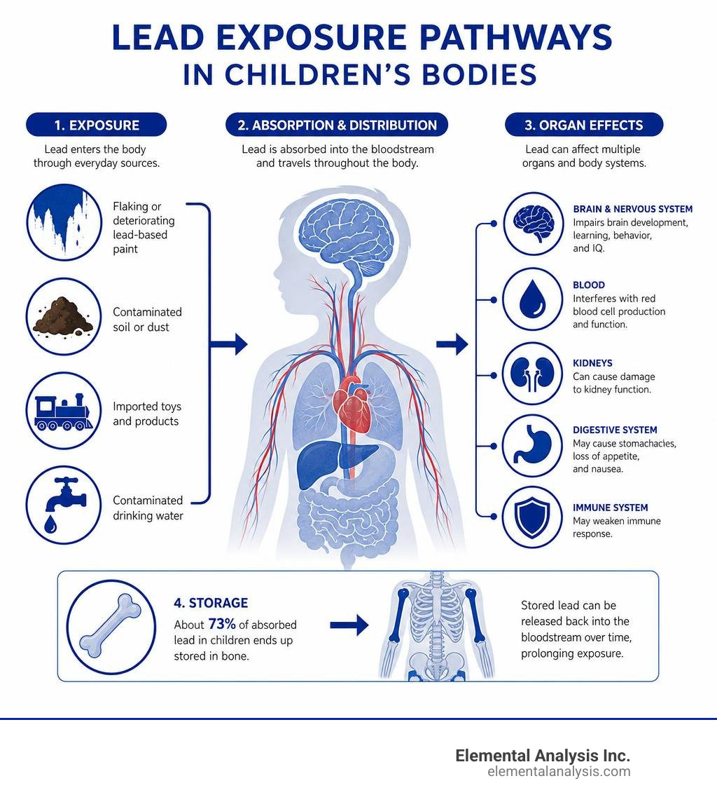 Lead exposure pathways in children's bodies, from ingestion to organ effects infographic Lead exposure pathways in children's bodies, from ingestion to organ effects infographic