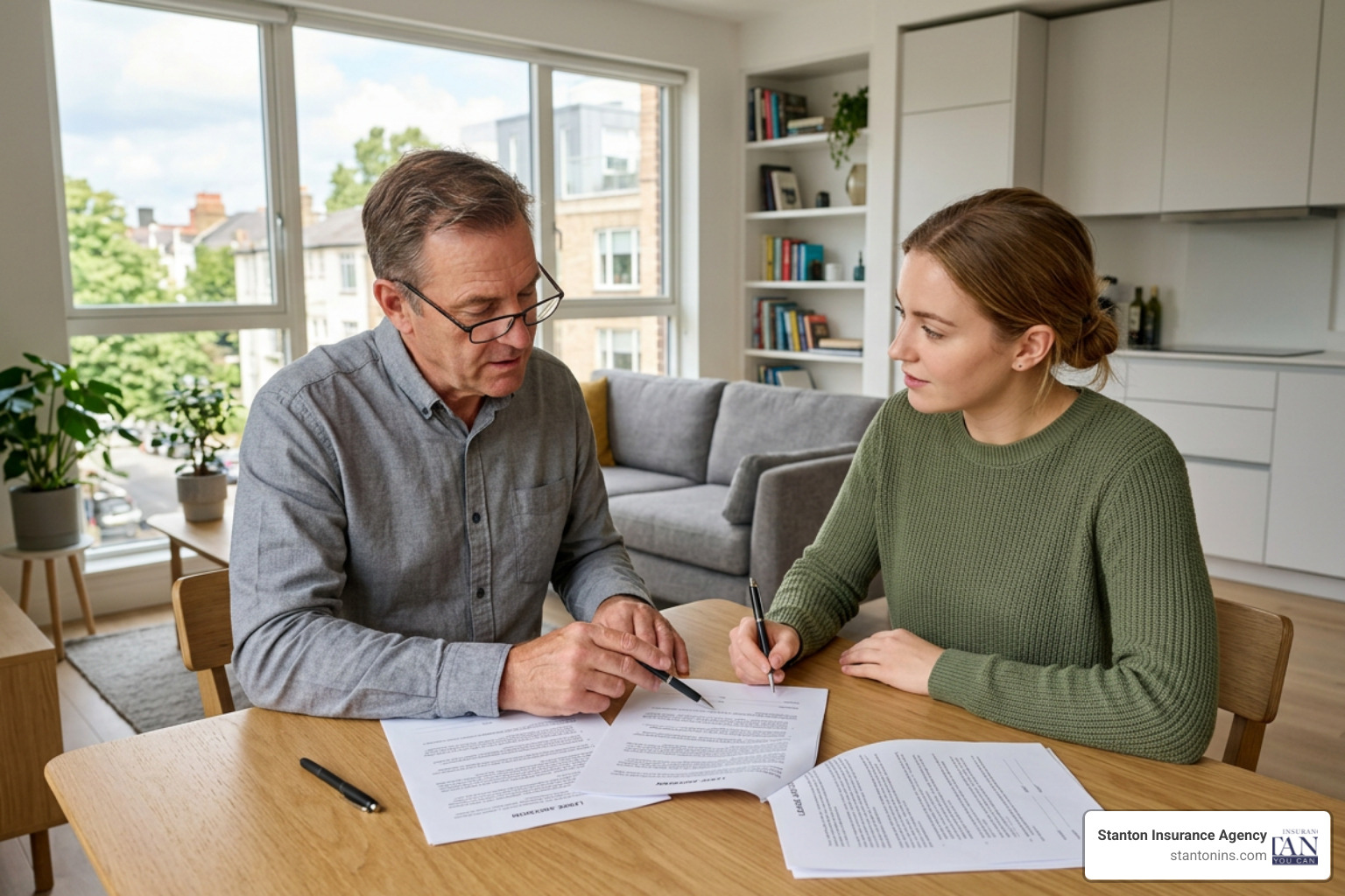Landlord reviewing a lease agreement with a tenant in a bright apartment Landlord reviewing a lease agreement with a tenant in a bright apartment
