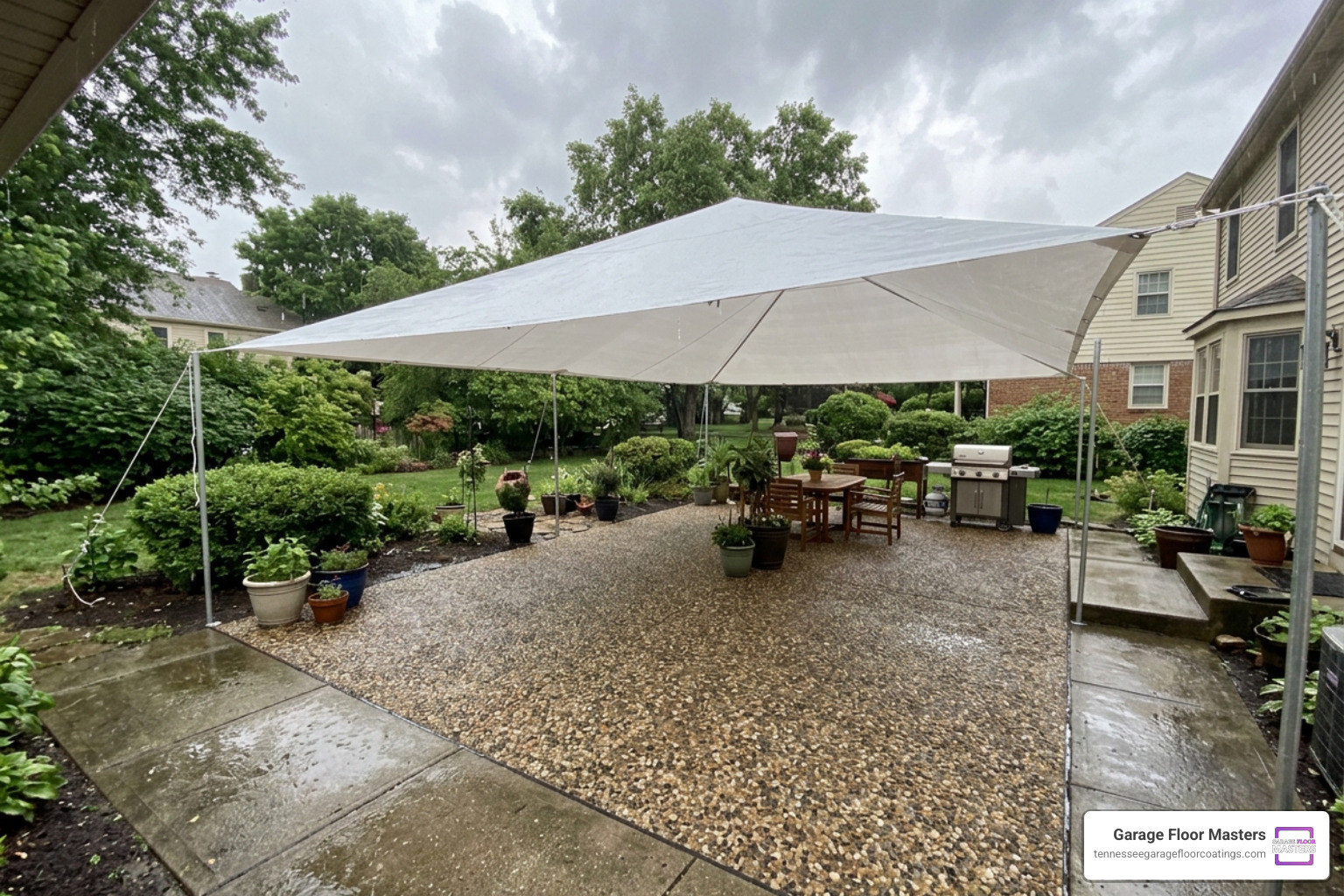 protecting stone epoxy patio from rain using a tarp canopy protecting stone epoxy patio from rain using a tarp canopy