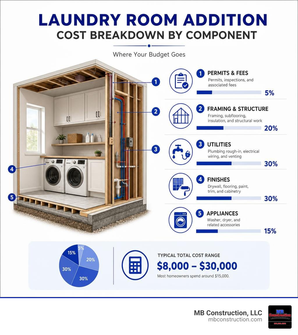 Laundry room addition cost breakdown by component including permits, framing, utilities, finishes, and appliances infographic Laundry room addition cost breakdown by component including permits, framing, utilities, finishes, and appliances infographic