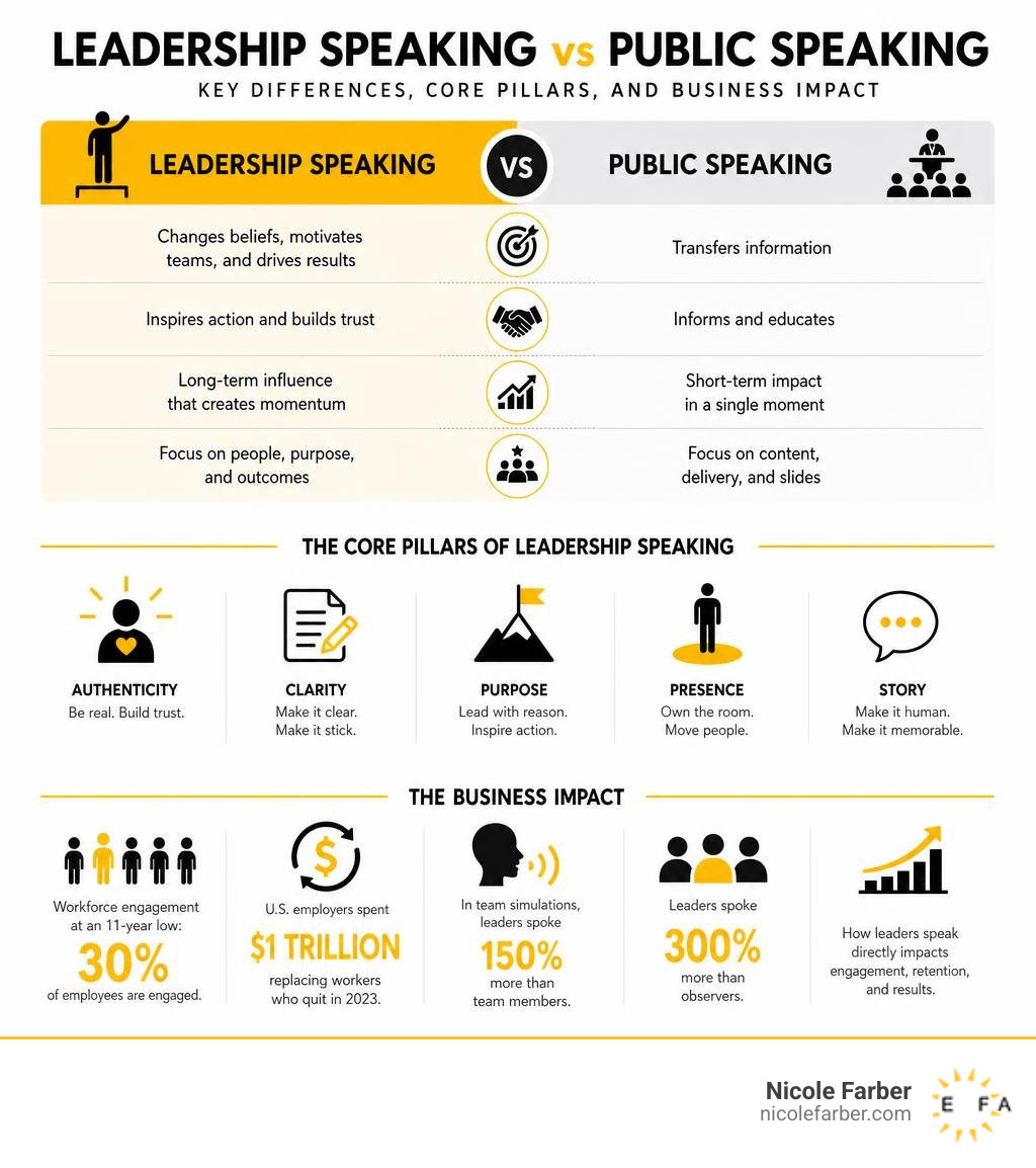 Infographic: Leadership speaking vs public speaking — key differences, core pillars, and business impact infographic