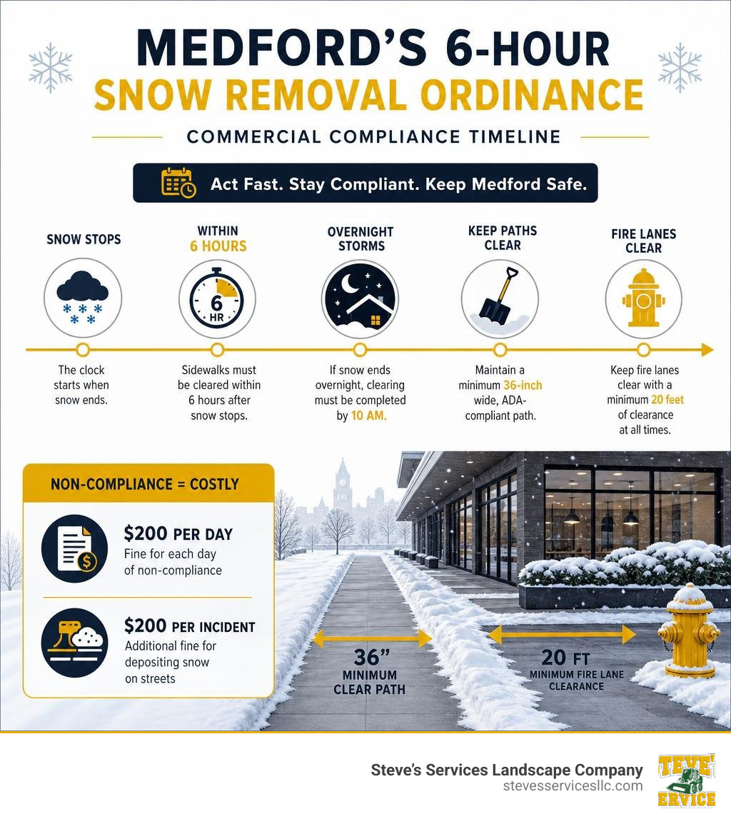 Timeline infographic of Medford's 6-hour snow removal ordinance and commercial compliance requirements infographic Timeline infographic of Medford's 6-hour snow removal ordinance and commercial compliance requirements infographic