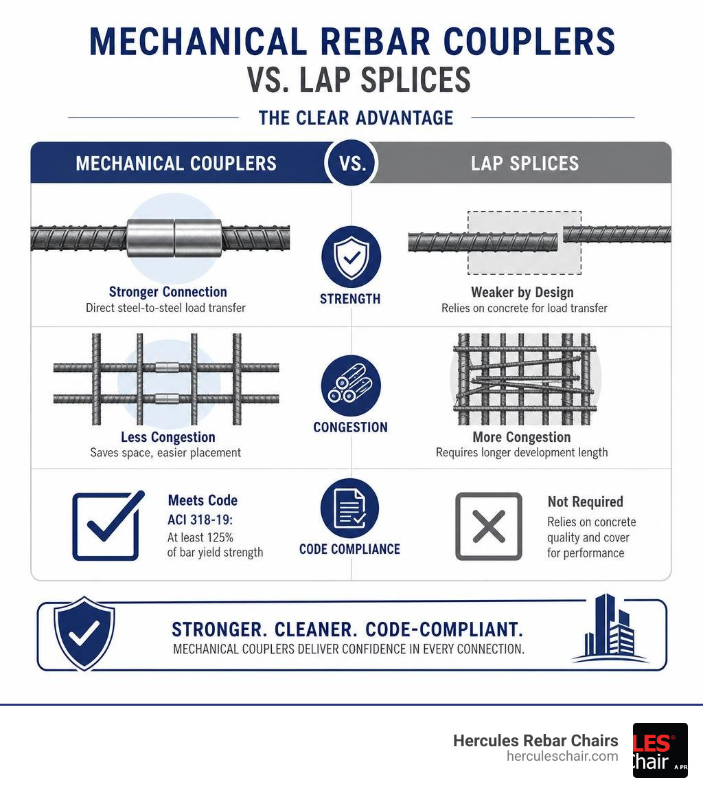 benefits of mechanical rebar couplers vs lap splices infographic showing strength, congestion, and code compliance