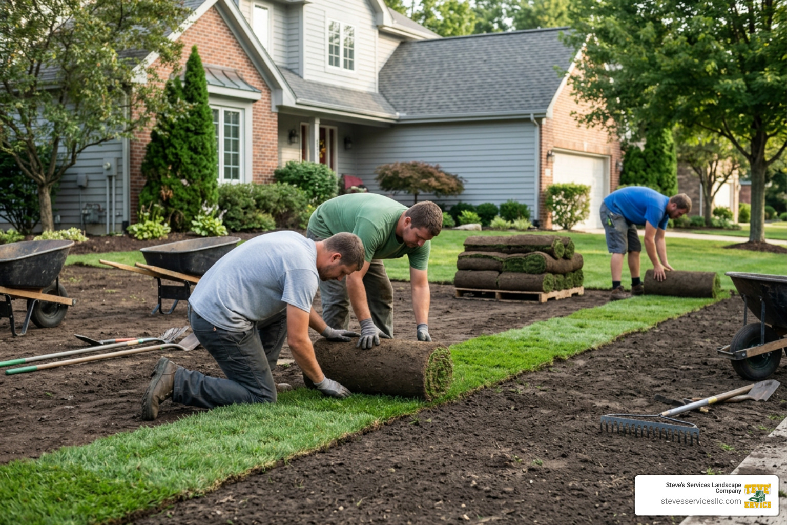Professional sod installation process showing fresh turf rolls being laid Professional sod installation process showing fresh turf rolls being laid