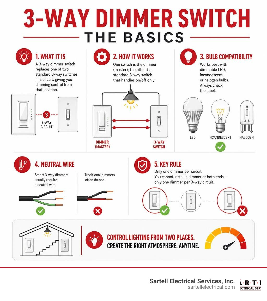 3-way dimmer switch basics: what it is, how it works, bulb types, neutral wire, and key rules infographic 3-way dimmer switch basics: what it is, how it works, bulb types, neutral wire, and key rules infographic