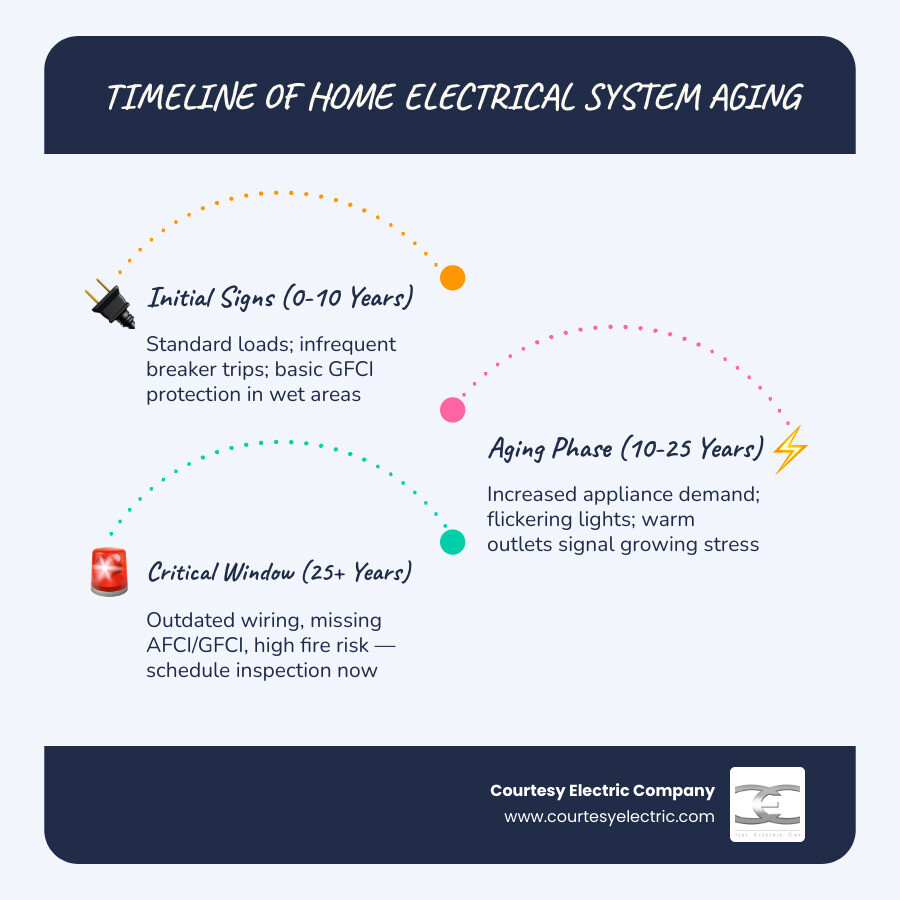 Timeline of home electrical system aging and when inspections are needed infographic Timeline of home electrical system aging and when inspections are needed infographic