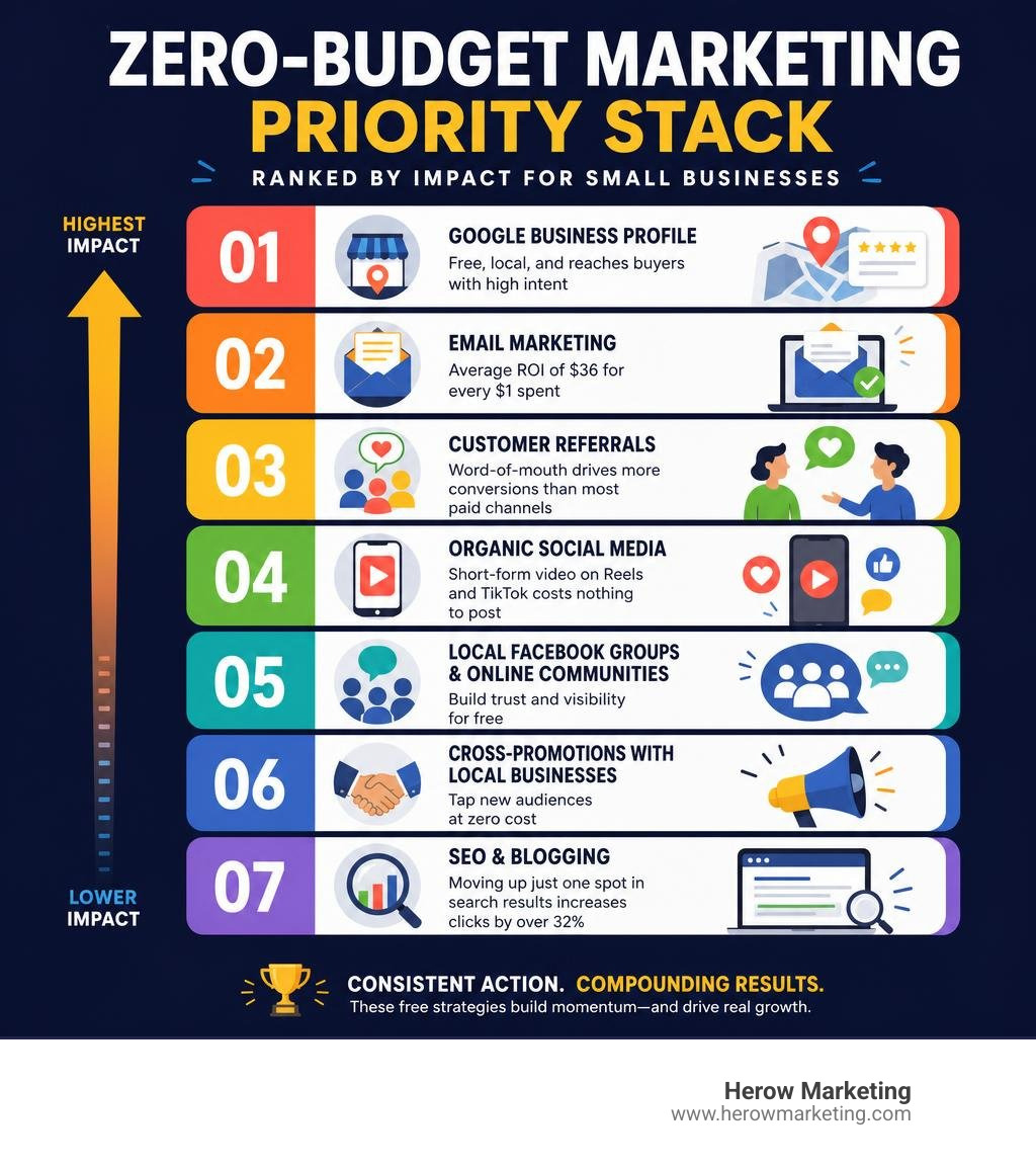 Zero-budget marketing priority stack ranked by impact for small businesses infographic Zero-budget marketing priority stack ranked by impact for small businesses infographic