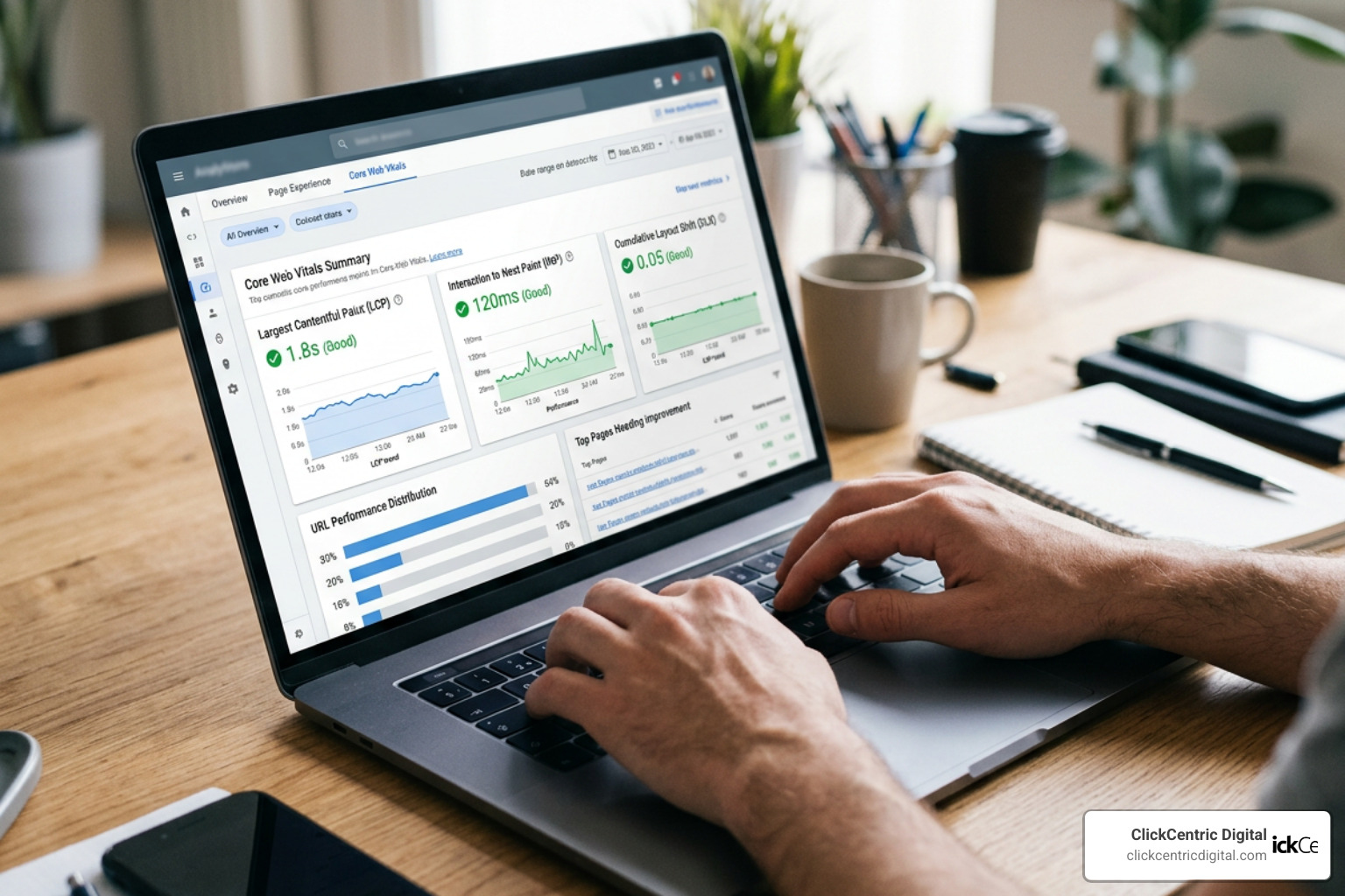 Performance metrics showing Core Web Vitals optimization targets for LCP and INP