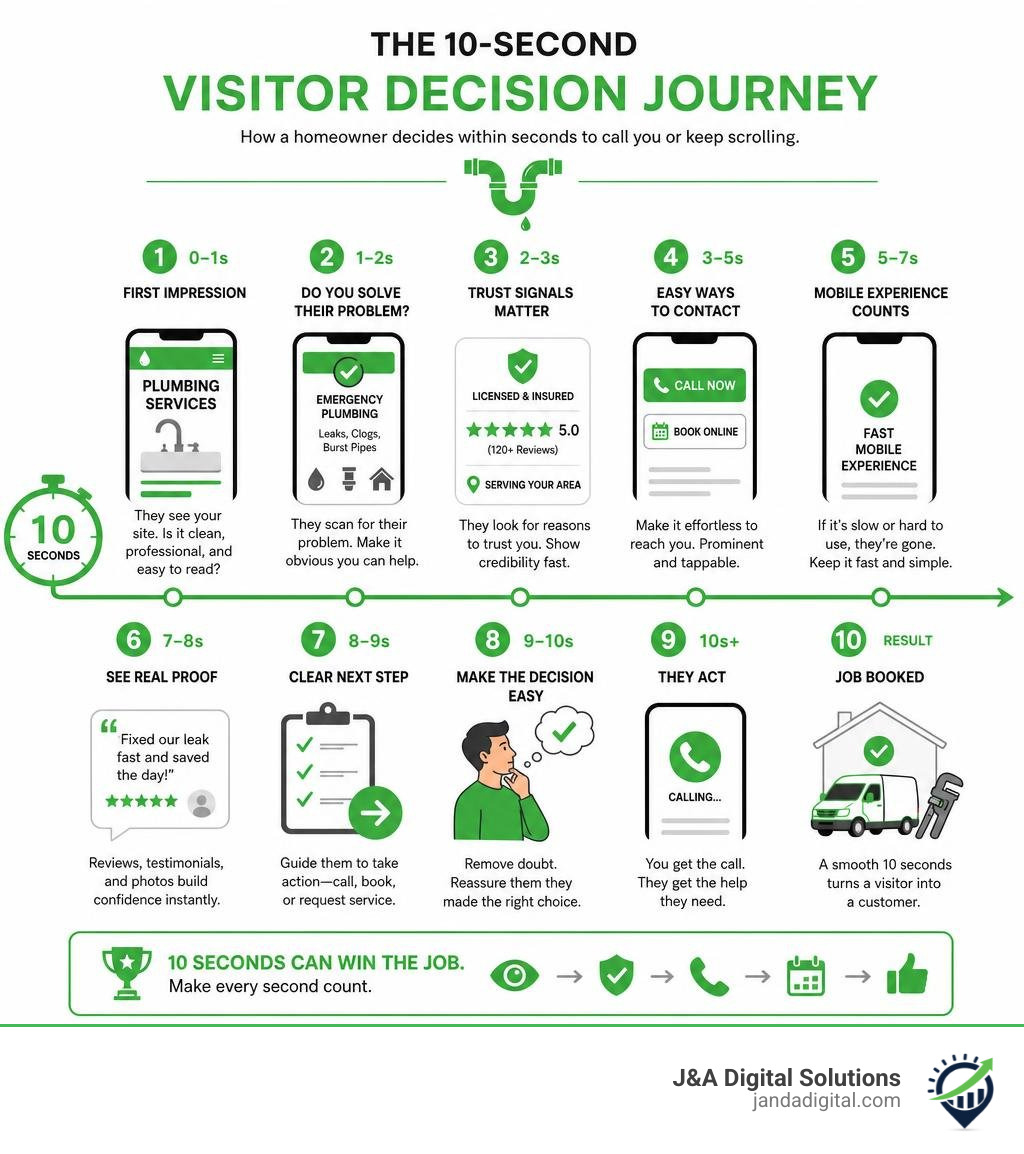Infographic showing the 10-second visitor decision journey on a plumbing website infographic