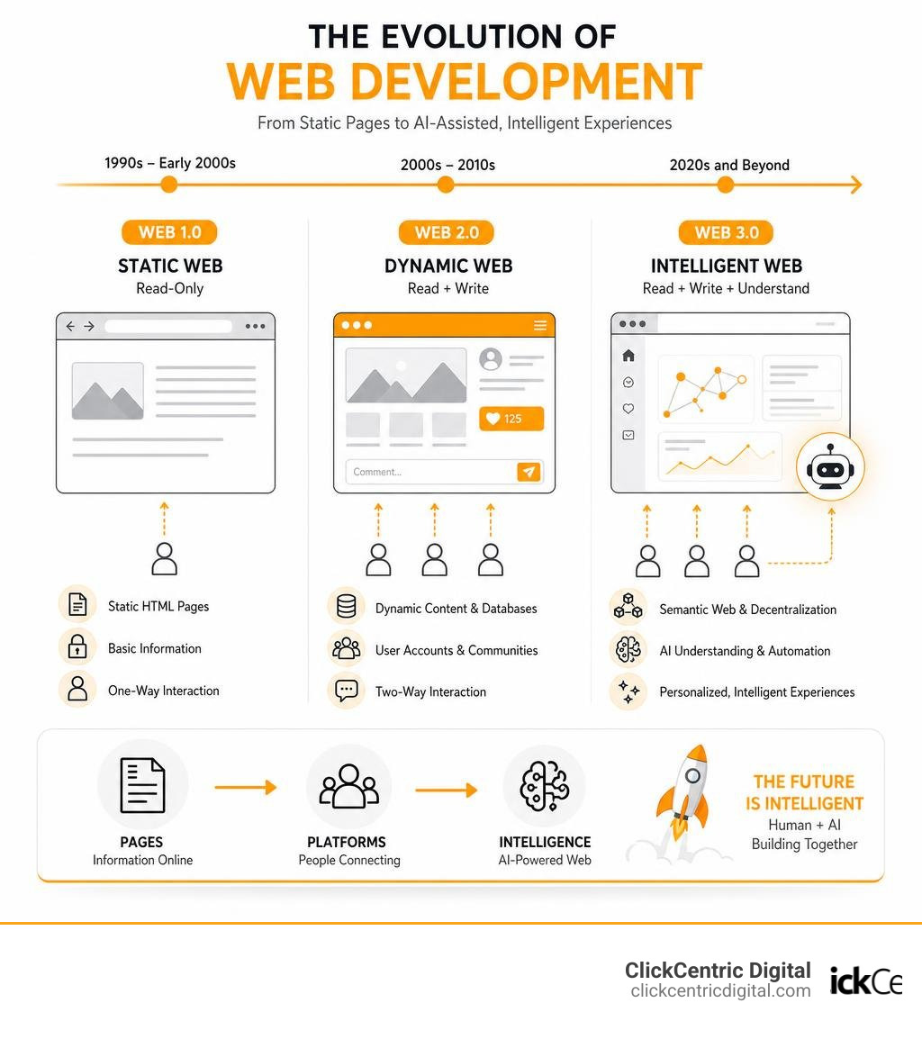 Evolution of web development from Web 1.0 static pages to AI-assisted Web 3.0 development infographic