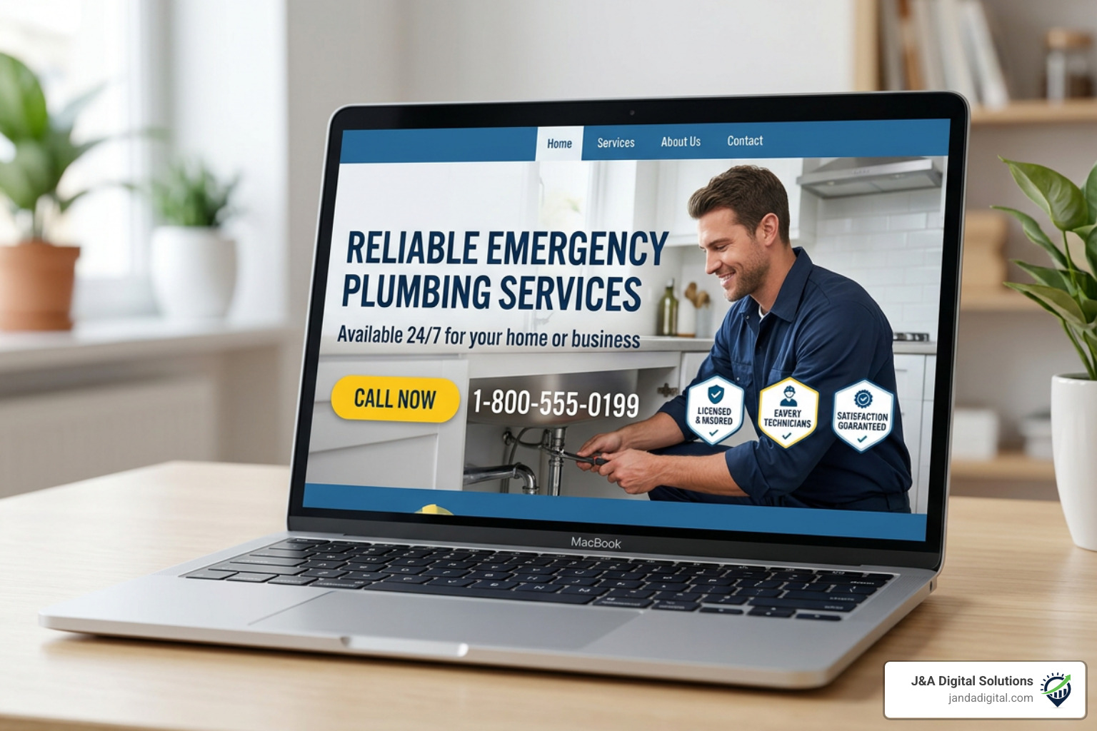 A high-converting plumbing website hero section with clear CTA buttons and trust badges