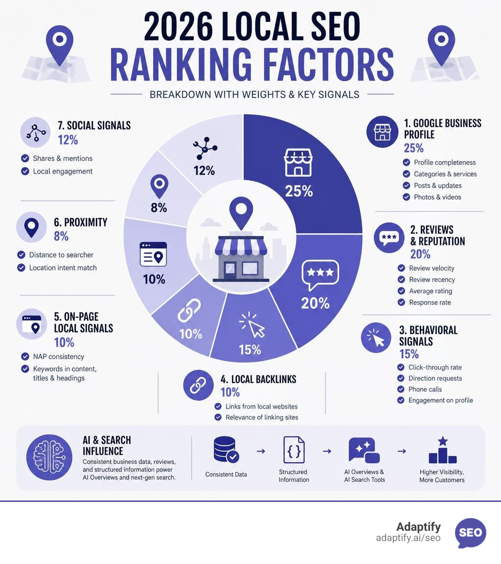 2026 local SEO ranking factors breakdown with weights and key signals infographic