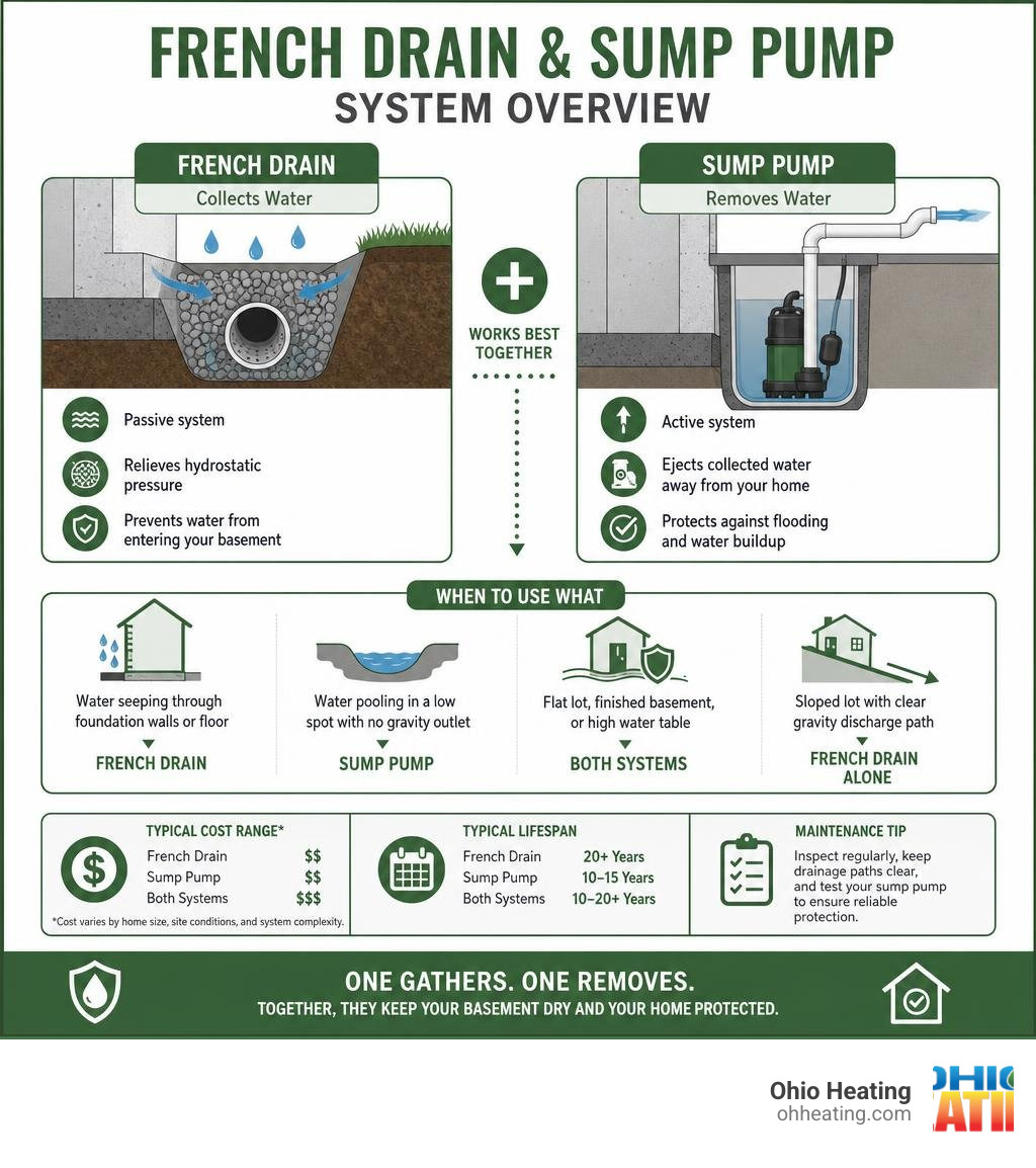 French drain and sump pump system overview infographic with costs, lifespan, and when to use each infographic