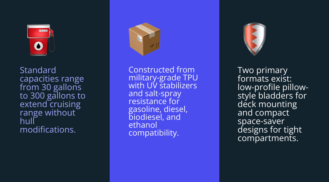 Infographic showing fuel bladder capacity ranges, design types, compatible fuels, and use cases for range extension Infographic showing fuel bladder capacity ranges, design types, compatible fuels, and use cases for range extension