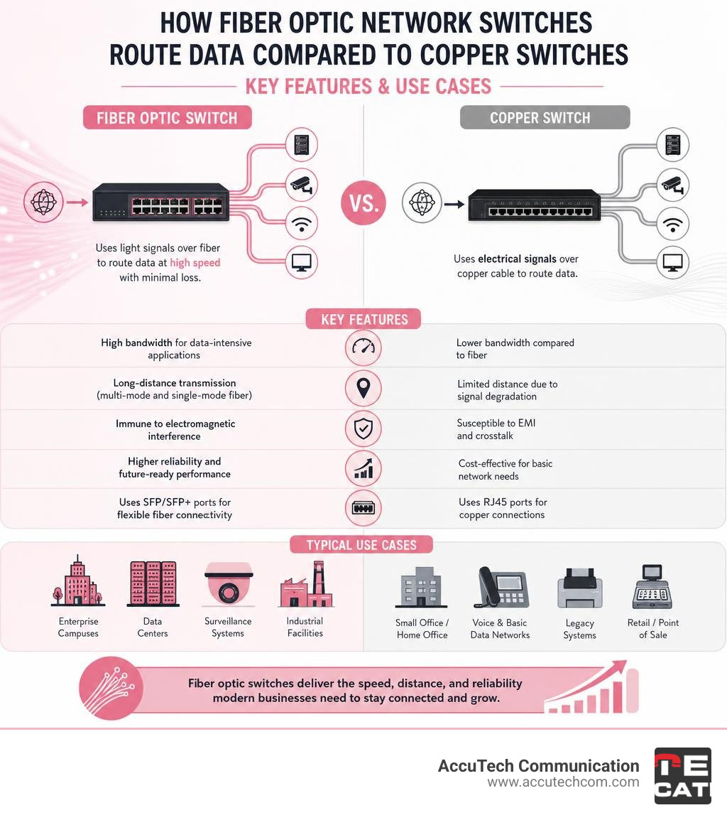 How fiber optic network switches route data compared to copper switches — key features and use cases infographic