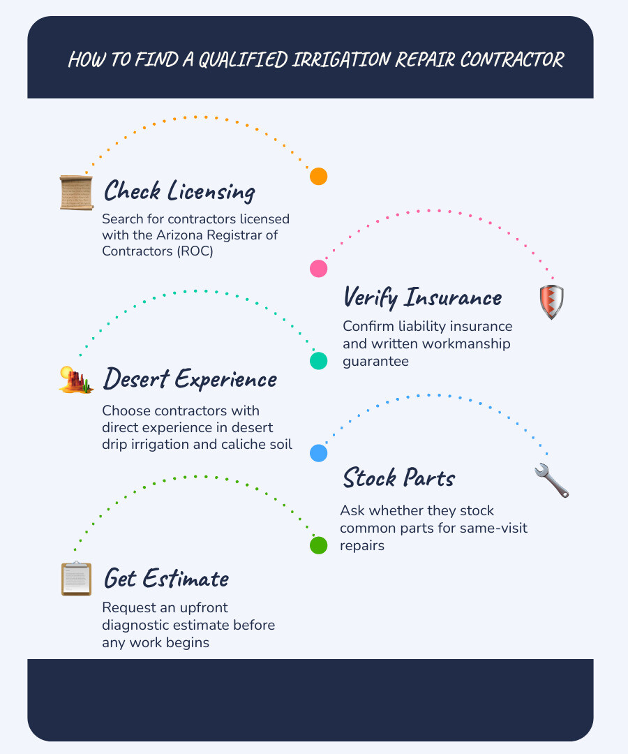 Infographic showing how to find and evaluate an irrigation repair contractor in Lake Havasu City, AZ infographic