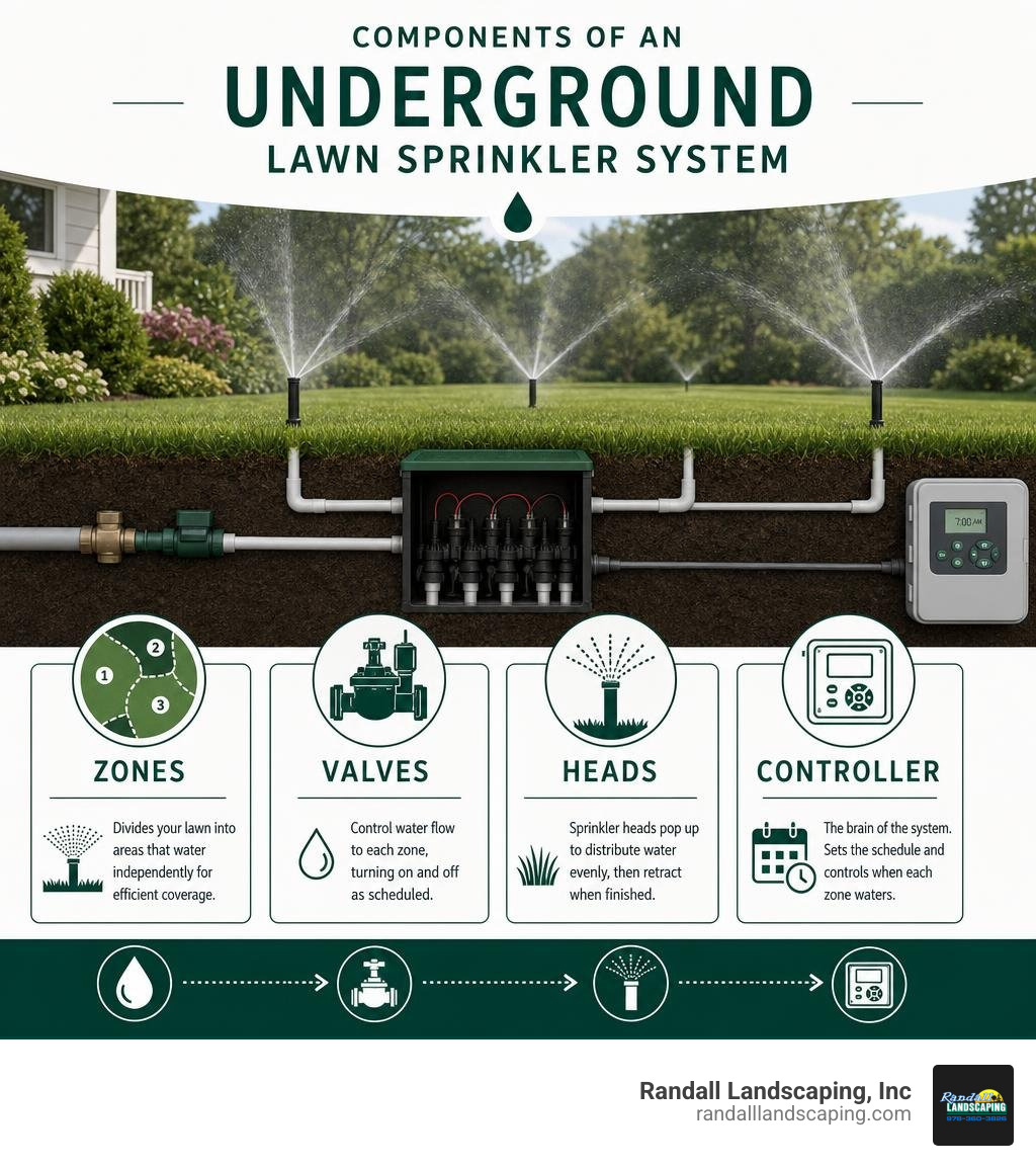 Components of an underground lawn sprinkler system including zones, valves, heads, and controller infographic Components of an underground lawn sprinkler system including zones, valves, heads, and controller infographic