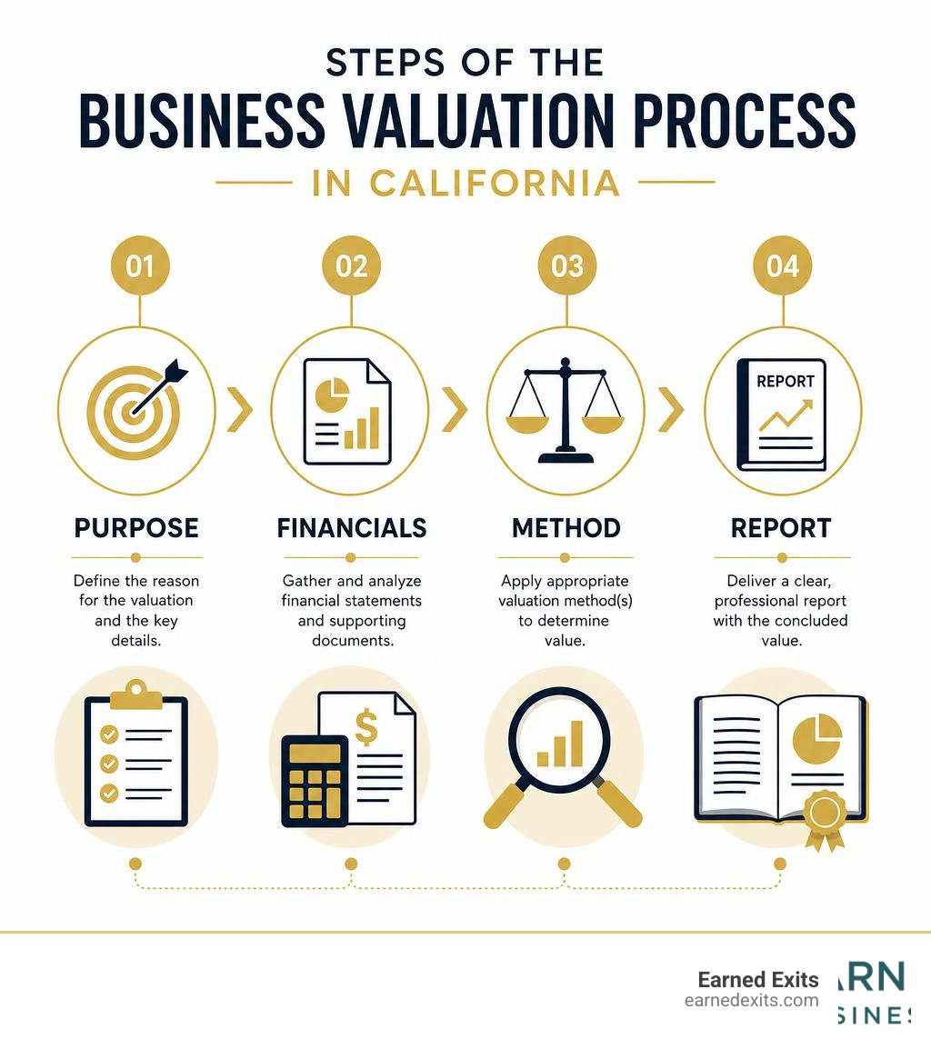 steps of the business valuation process in California including purpose, financials, method, report infographic steps of the business valuation process in California including purpose, financials, method, report infographic