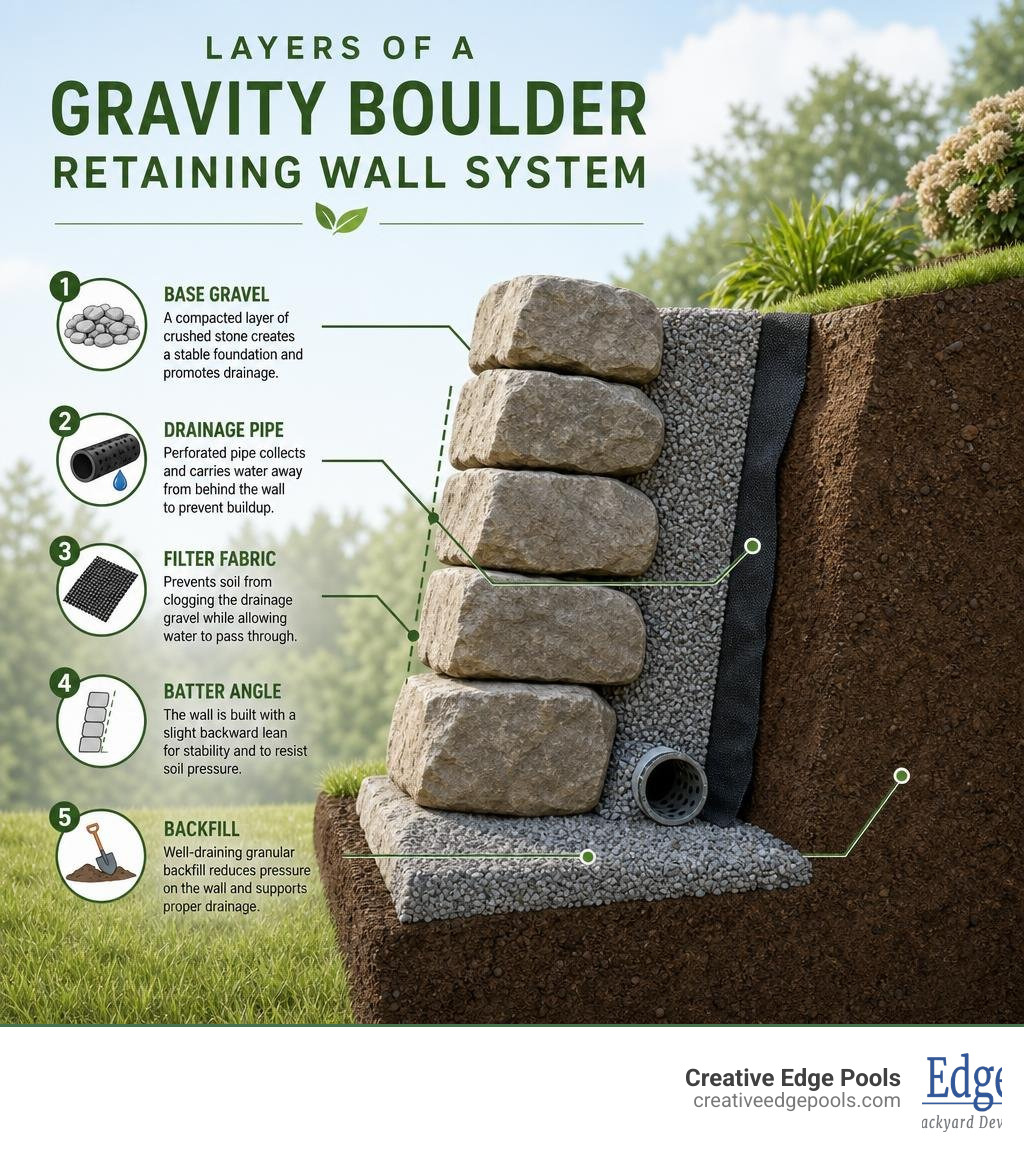 Layers of a gravity boulder retaining wall system: base gravel, drainage pipe, filter fabric, batter angle, backfill Layers of a gravity boulder retaining wall system: base gravel, drainage pipe, filter fabric, batter angle, backfill