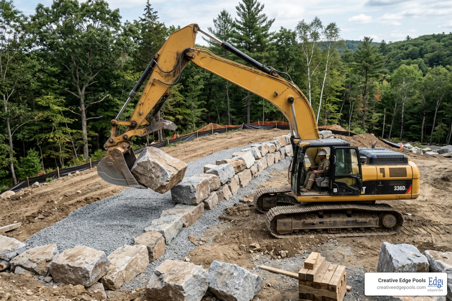 Heavy excavator placing massive granite boulders on a prepared gravel base Heavy excavator placing massive granite boulders on a prepared gravel base