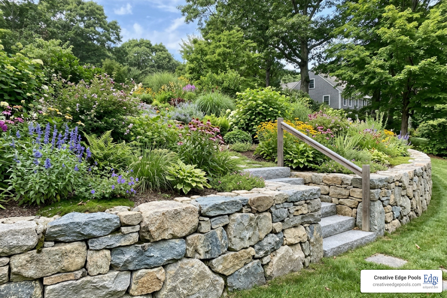 A beautifully stacked natural New England granite boulder retaining wall supporting a hillside garden A beautifully stacked natural New England granite boulder retaining wall supporting a hillside garden