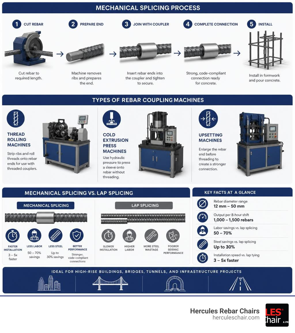Infographic showing mechanical splicing process steps, machine types, and key stats vs lap splicing infographic
