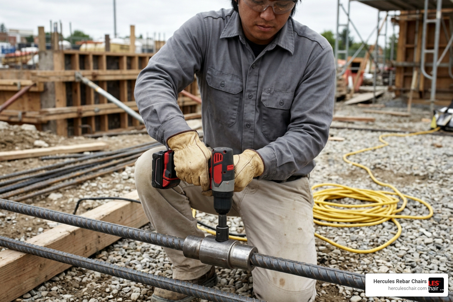 Operator using an electric torque wrench to secure a rebar coupler