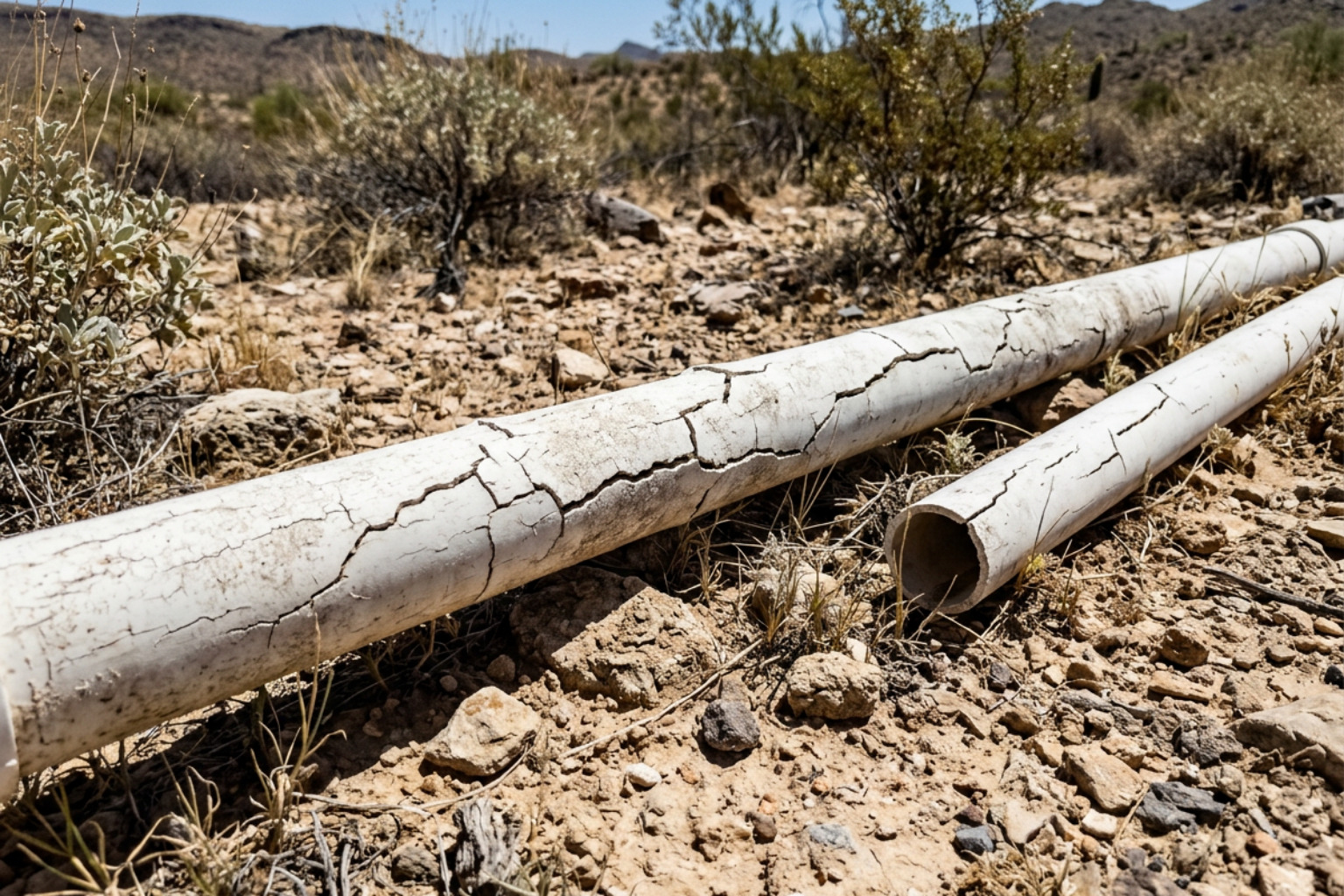UV-damaged irrigation pipes in the Arizona sun