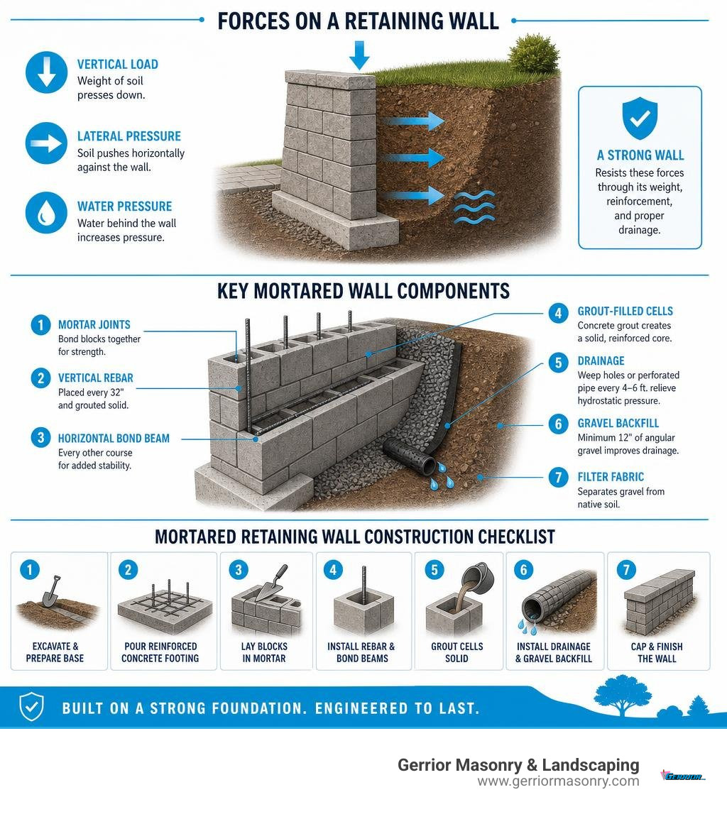 Infographic showing forces on a retaining wall, key mortared wall components, and construction checklist infographic