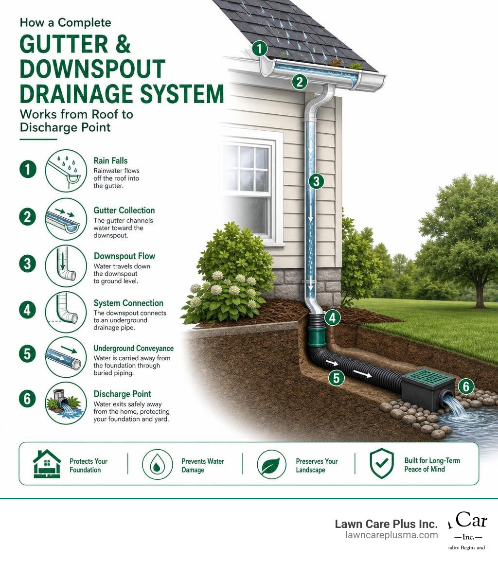 How a complete gutter and downspout drainage system works from roof to discharge point infographic