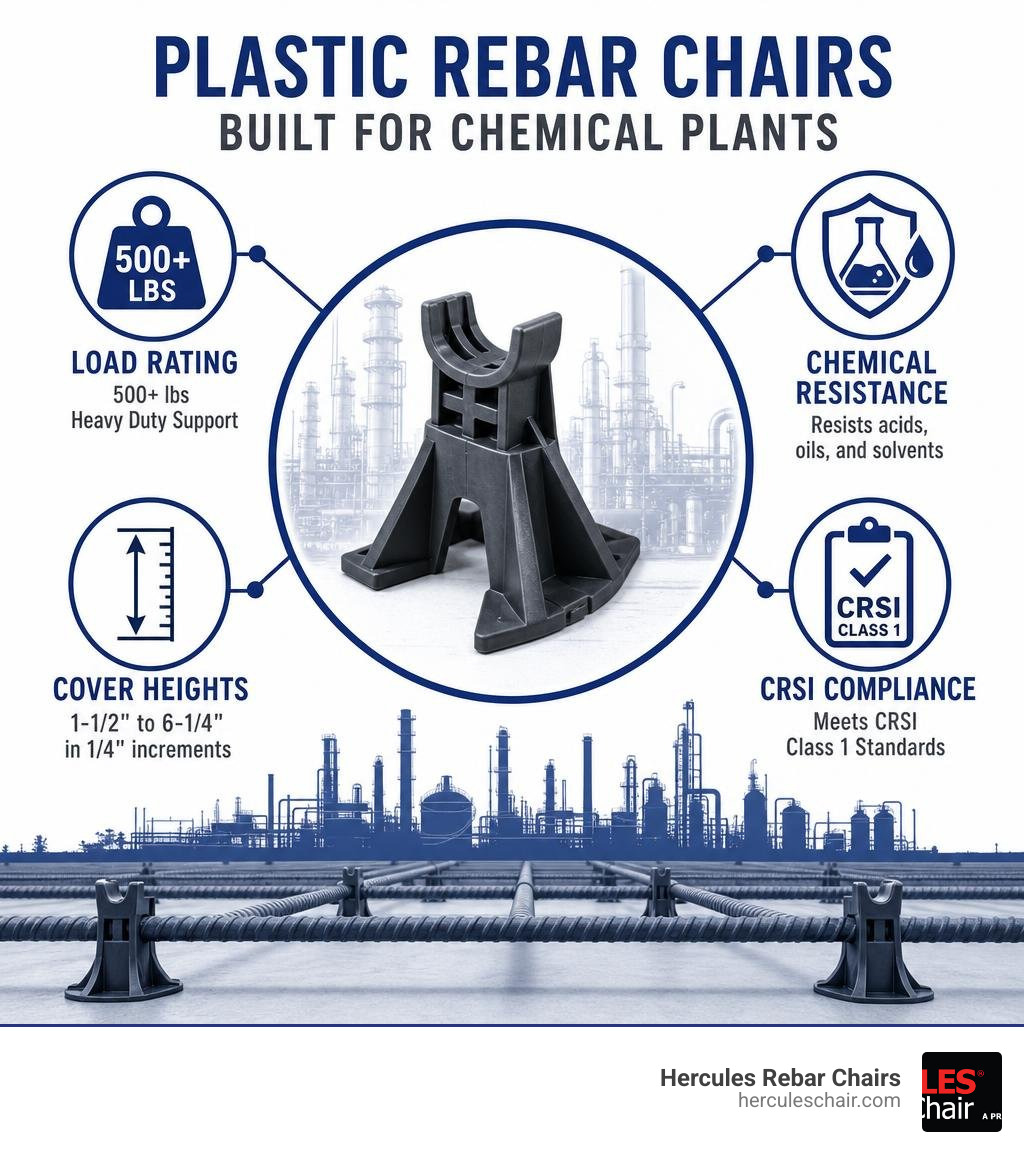 Infographic showing key features of plastic rebar chairs for chemical plants: load rating, chemical resistance, cover