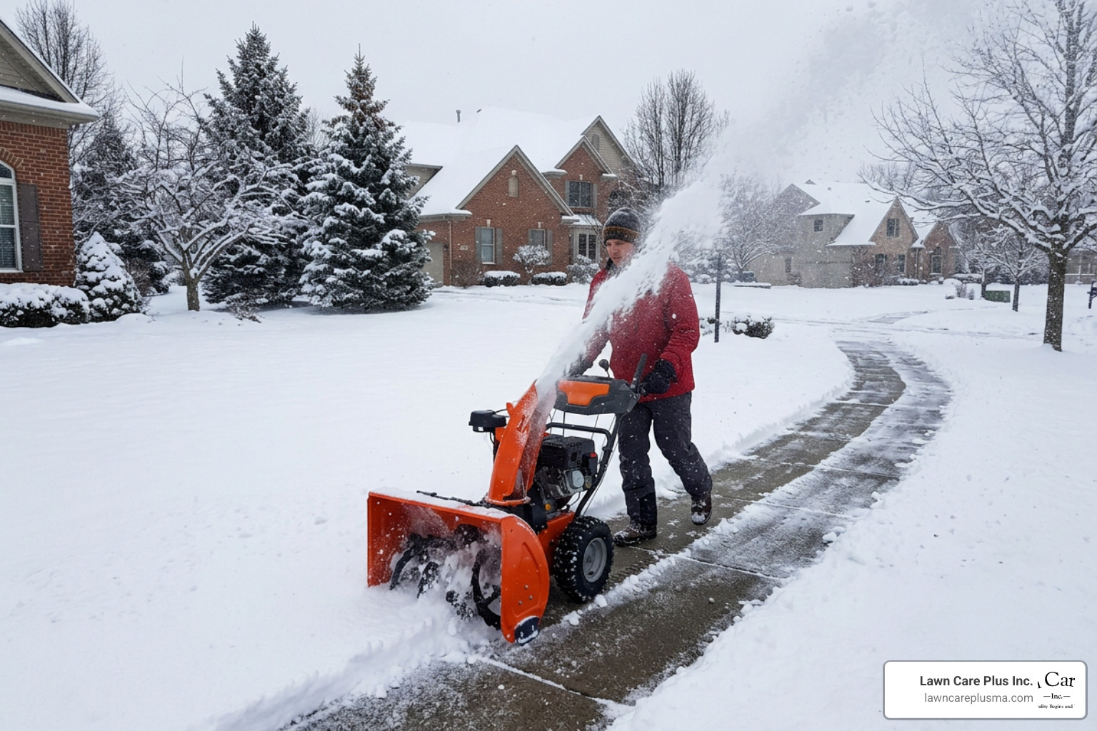 A powerful snow blower throwing dry snow off a paved residential walkway to keep the surface clear