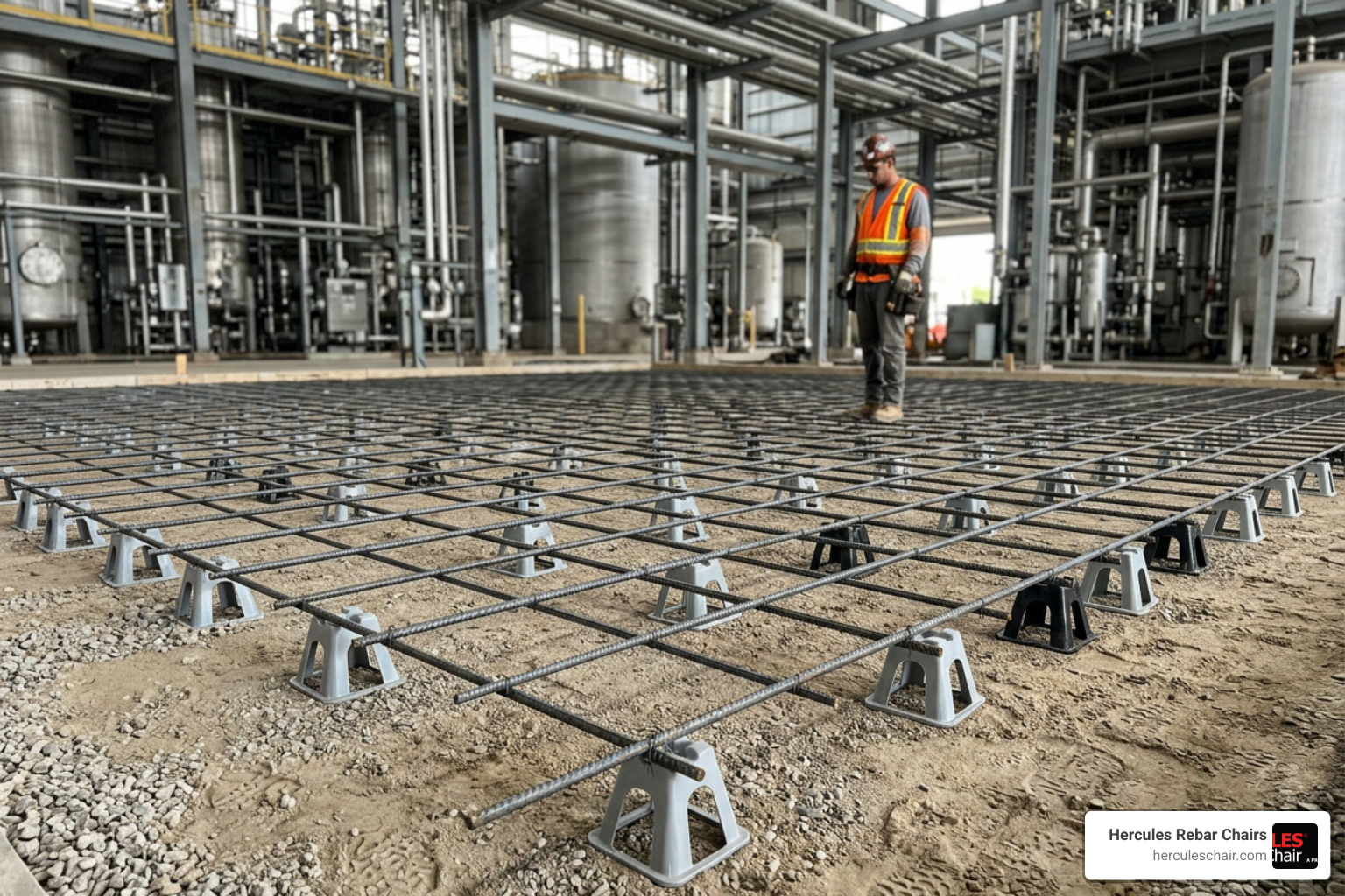 rebar grid layout in a chemical facility showing proper concrete cover spacing