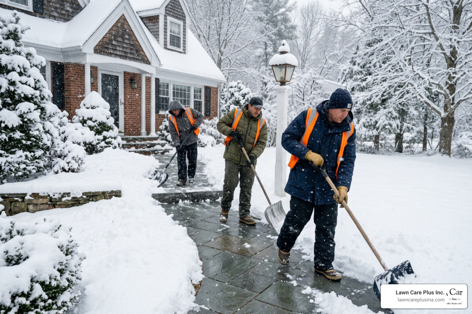 A professional snow management team carefully shoveling a residential stone walkway during a heavy Massachusetts snowstorm