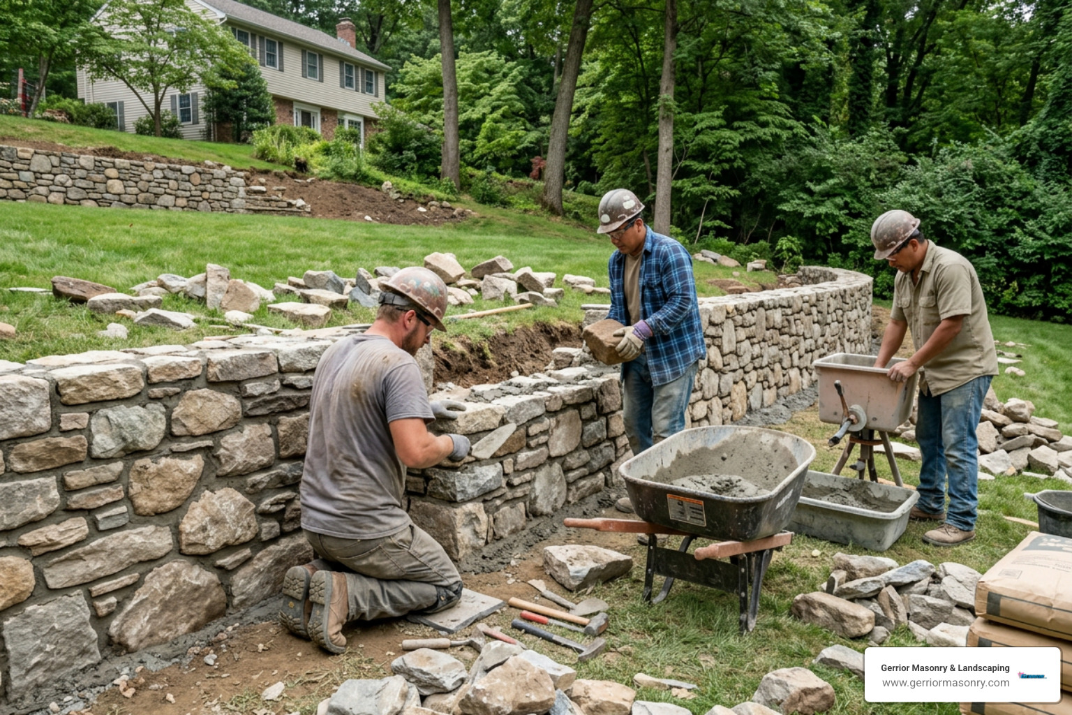 Professional stonemasons building a mortared stone retaining wall on a sloped property