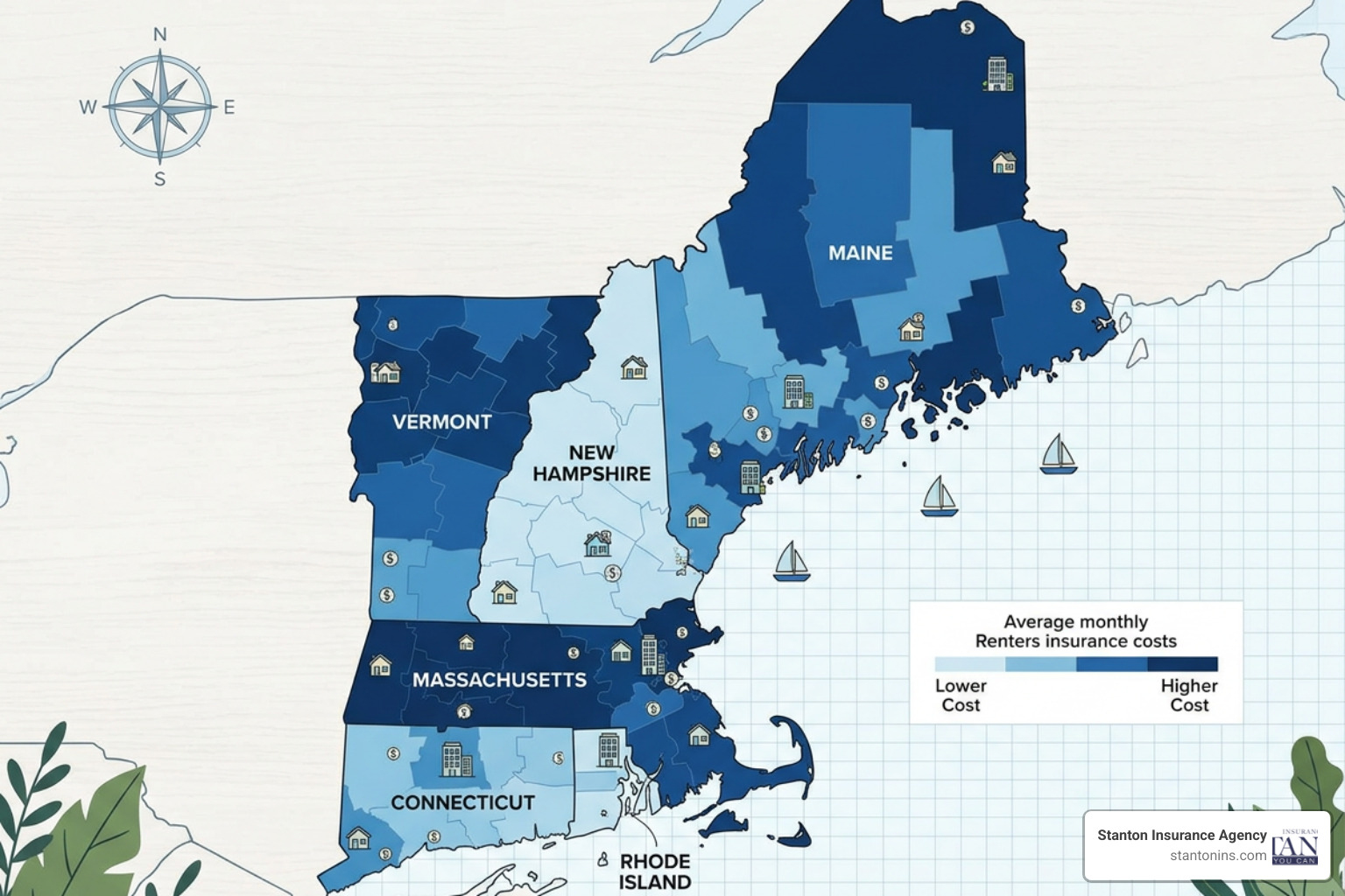 map highlighting renters insurance cost differences in New England map highlighting renters insurance cost differences in New England