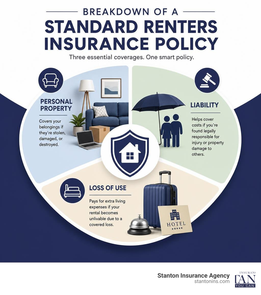 breakdown of a standard renters insurance policy showing personal property, liability, and loss of use coverages infographic breakdown of a standard renters insurance policy showing personal property, liability, and loss of use coverages infographic