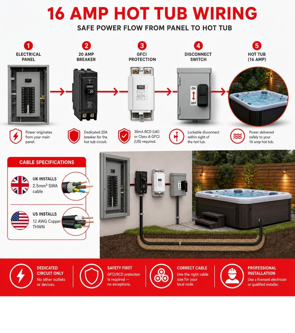 Infographic showing power flow from electrical panel to 16 amp hot tub with breaker, GFCI, disconnect, and cable specs Infographic showing power flow from electrical panel to 16 amp hot tub with breaker, GFCI, disconnect, and cable specs