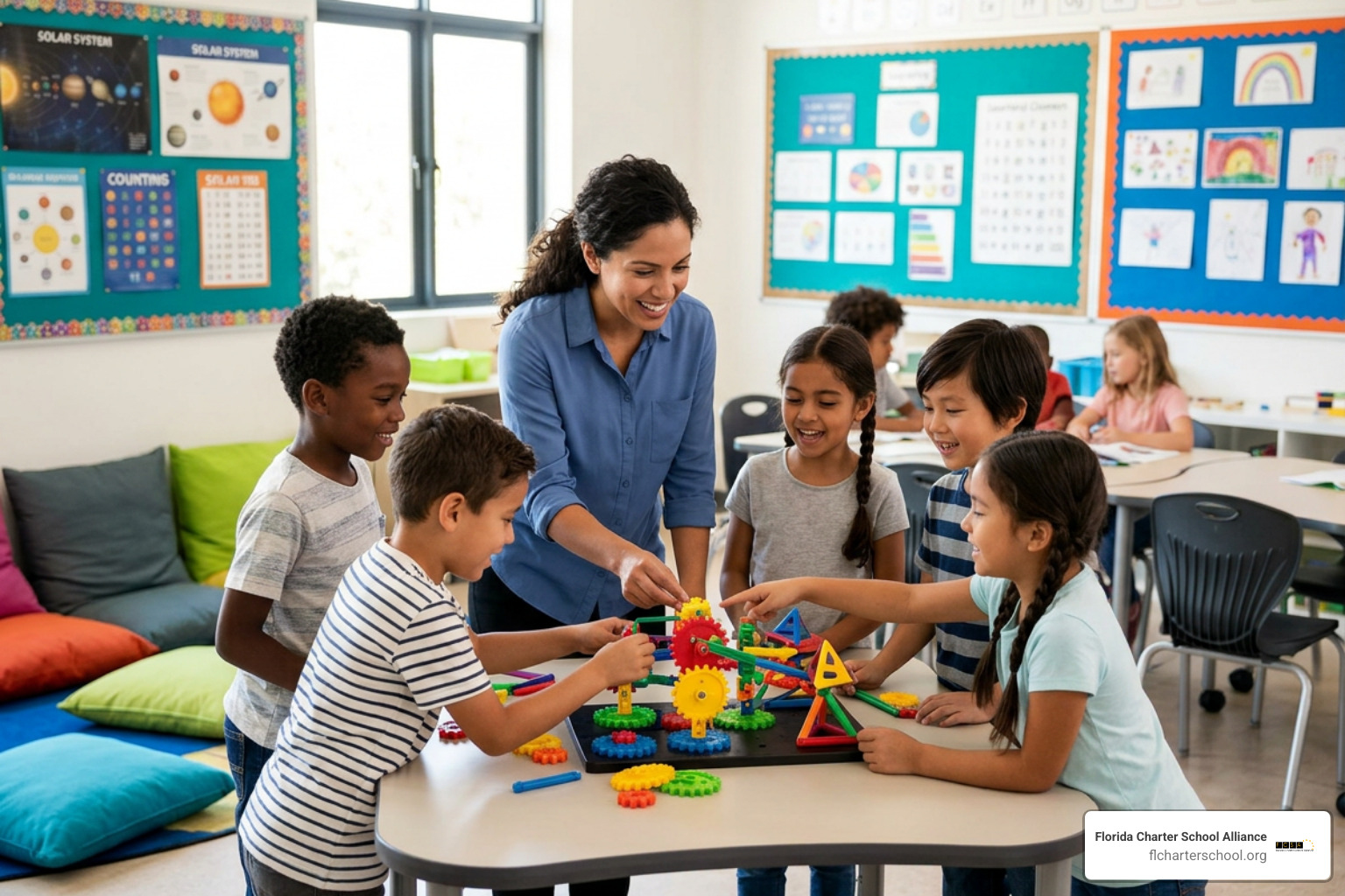 Diverse students learning in an innovative charter school classroom
