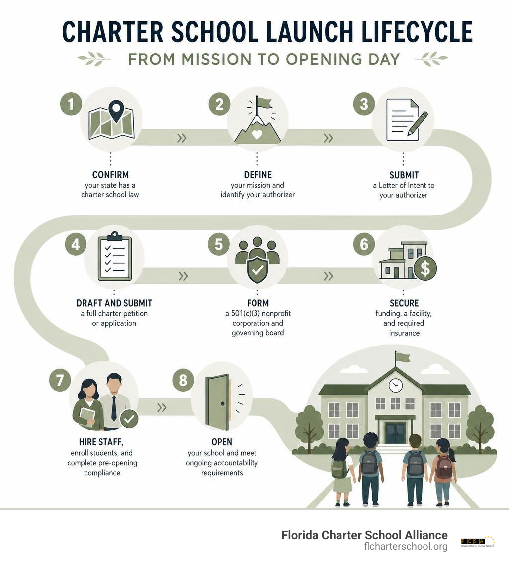Step-by-step charter school launch lifecycle from mission to opening day infographic
