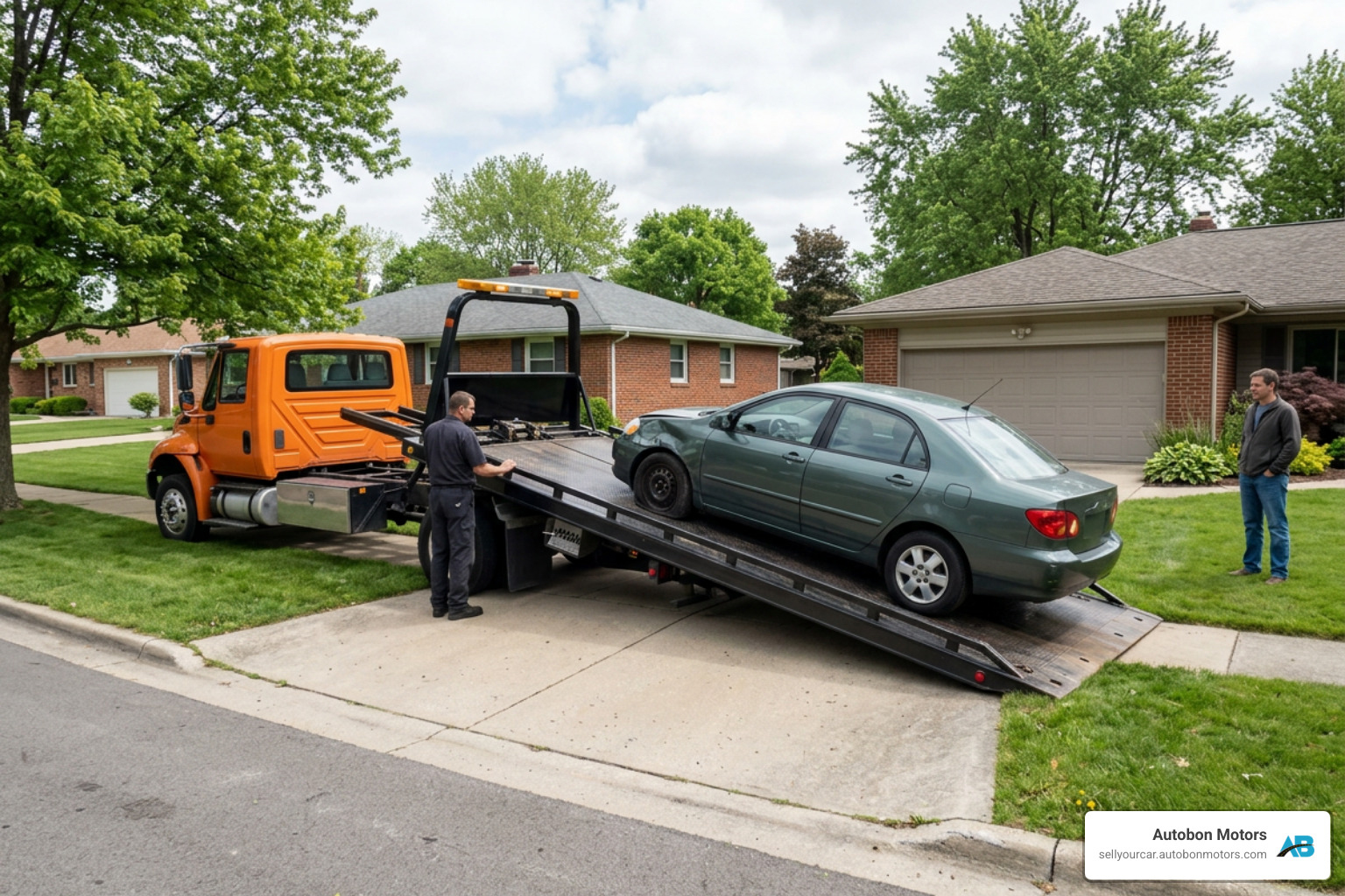 A flatbed tow truck picking up a damaged, non-running car from a suburban driveway A flatbed tow truck picking up a damaged, non-running car from a suburban driveway