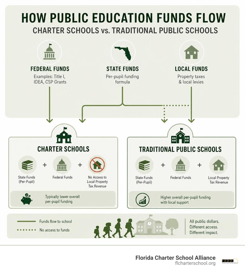 Flow of public education funds from federal, state, and local sources to charter schools vs. traditional public schools