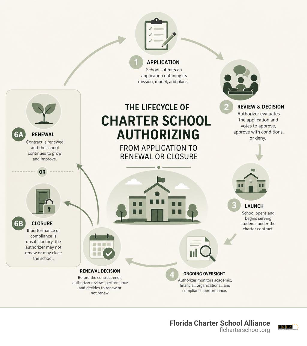 Lifecycle of charter school authorizing from application to renewal or closure infographic
